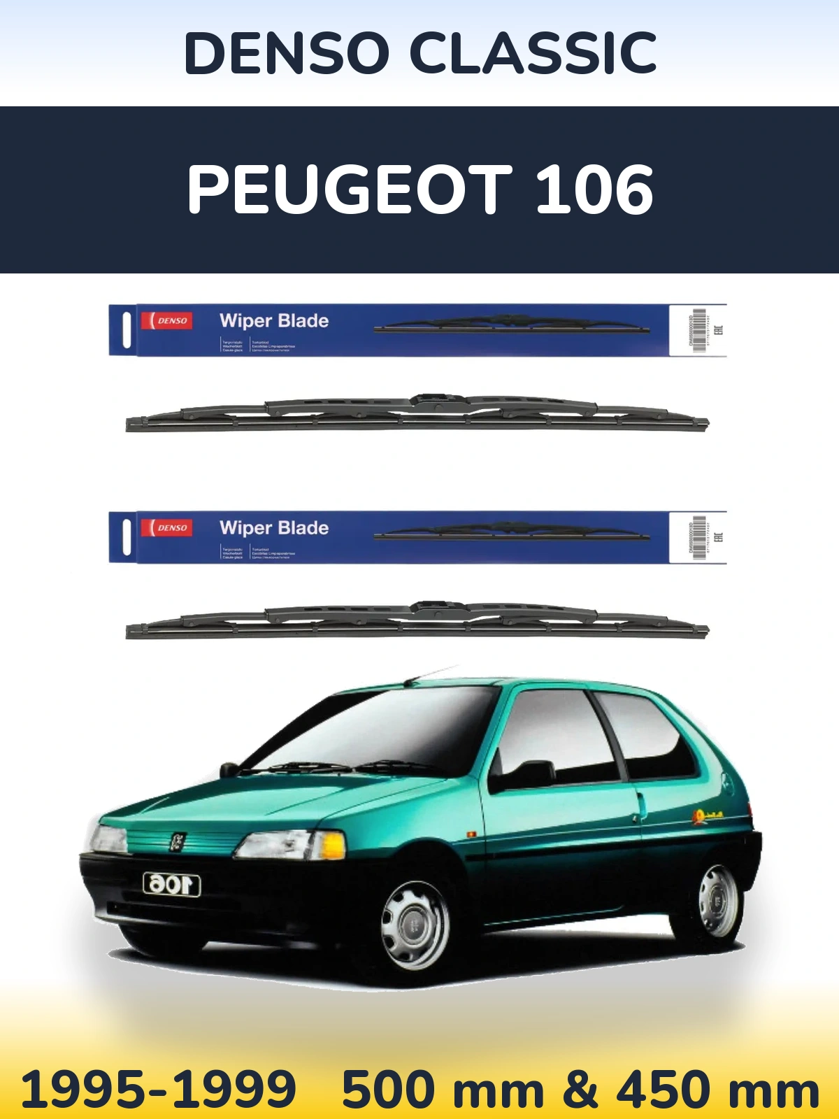 Front wiper blade set Denso Classic 500 & 450 mm for Peugeot 106 1995-1999