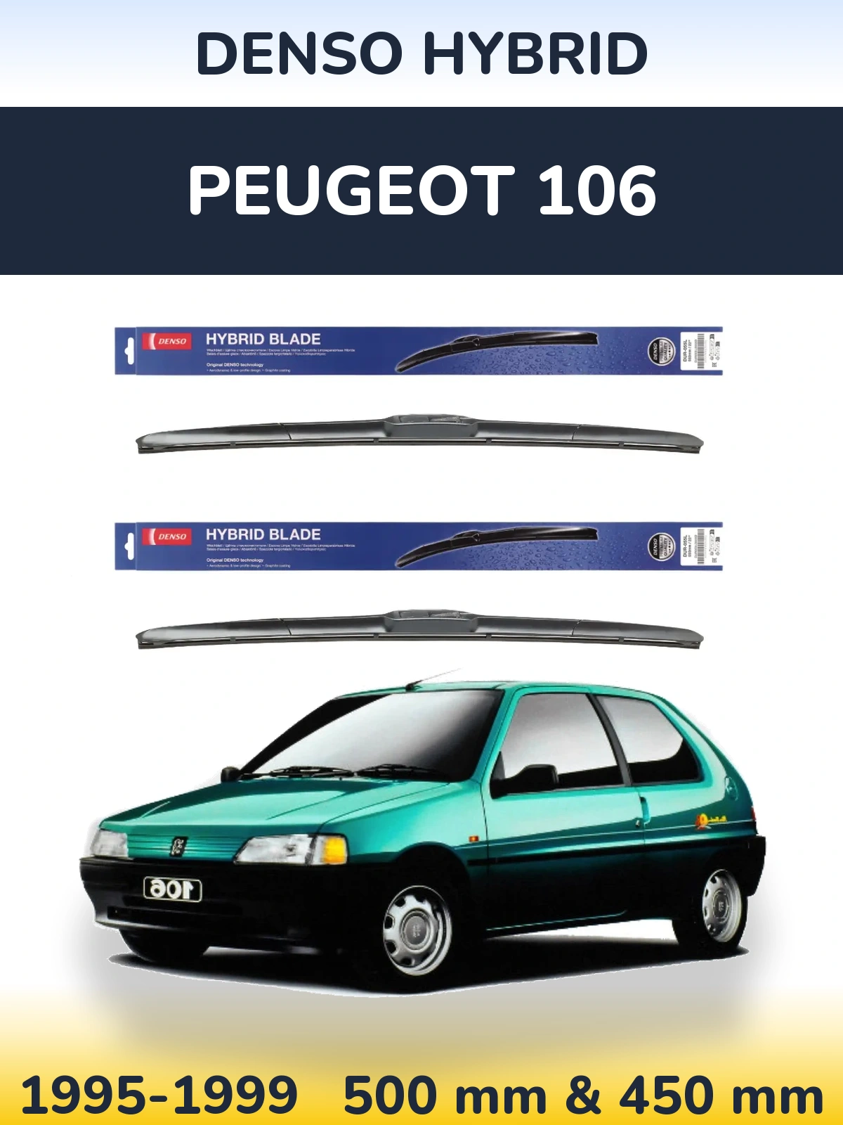 Комплект передніх щіток Denso Hybrid 500 & 450 мм для Peugeot 106 1995-1999