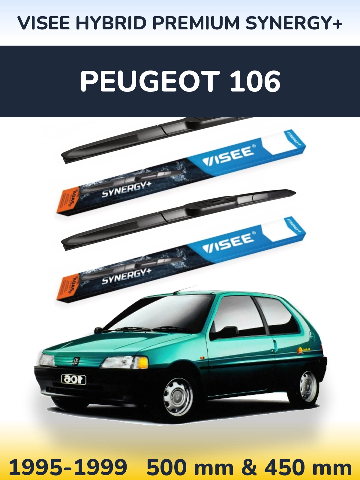 Front wiper blade set VISEE HYBRID PREMIUM SYNERGY+ 500 & 450 mm for Peugeot 106 1995-1999