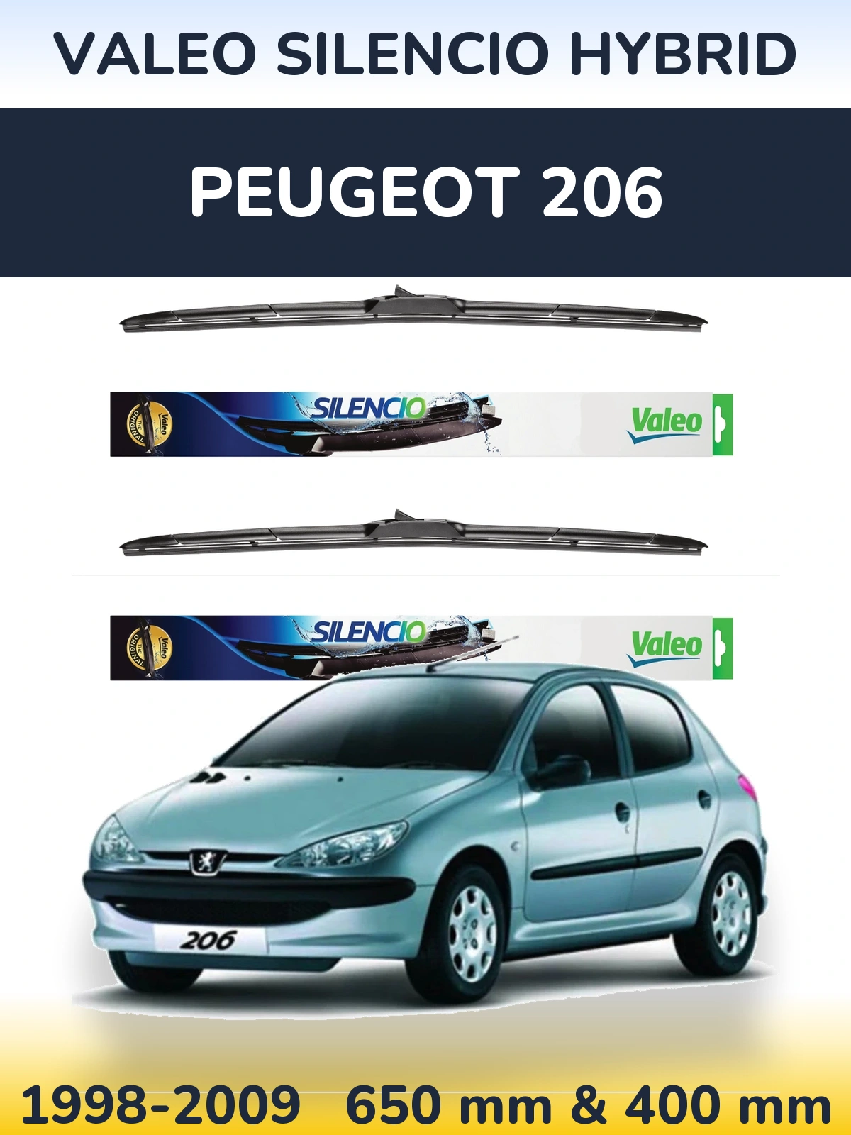 Front wiper blade set Valeo Silencio Hybrid 650 & 400 mm for Peugeot 206 1998-2009