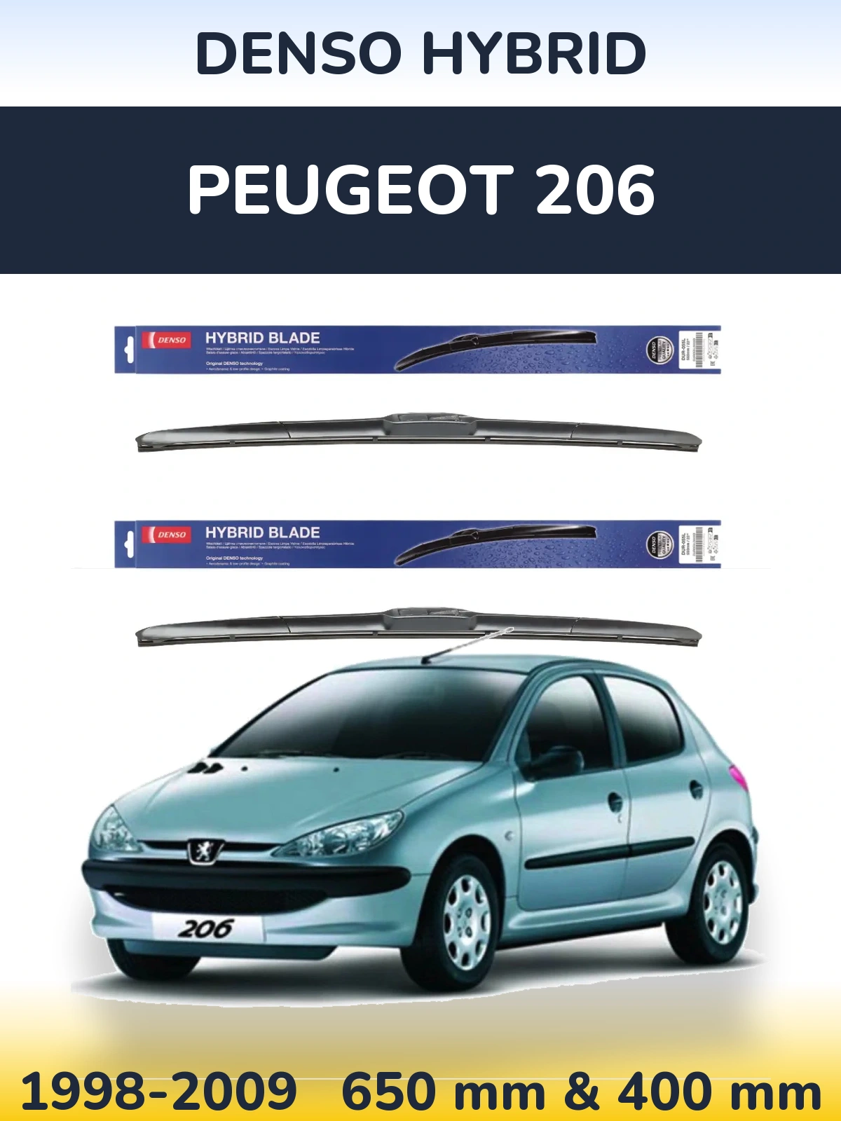 Front wiper blade set Denso Hybrid 650 & 400 mm for Peugeot 206 1998-2009