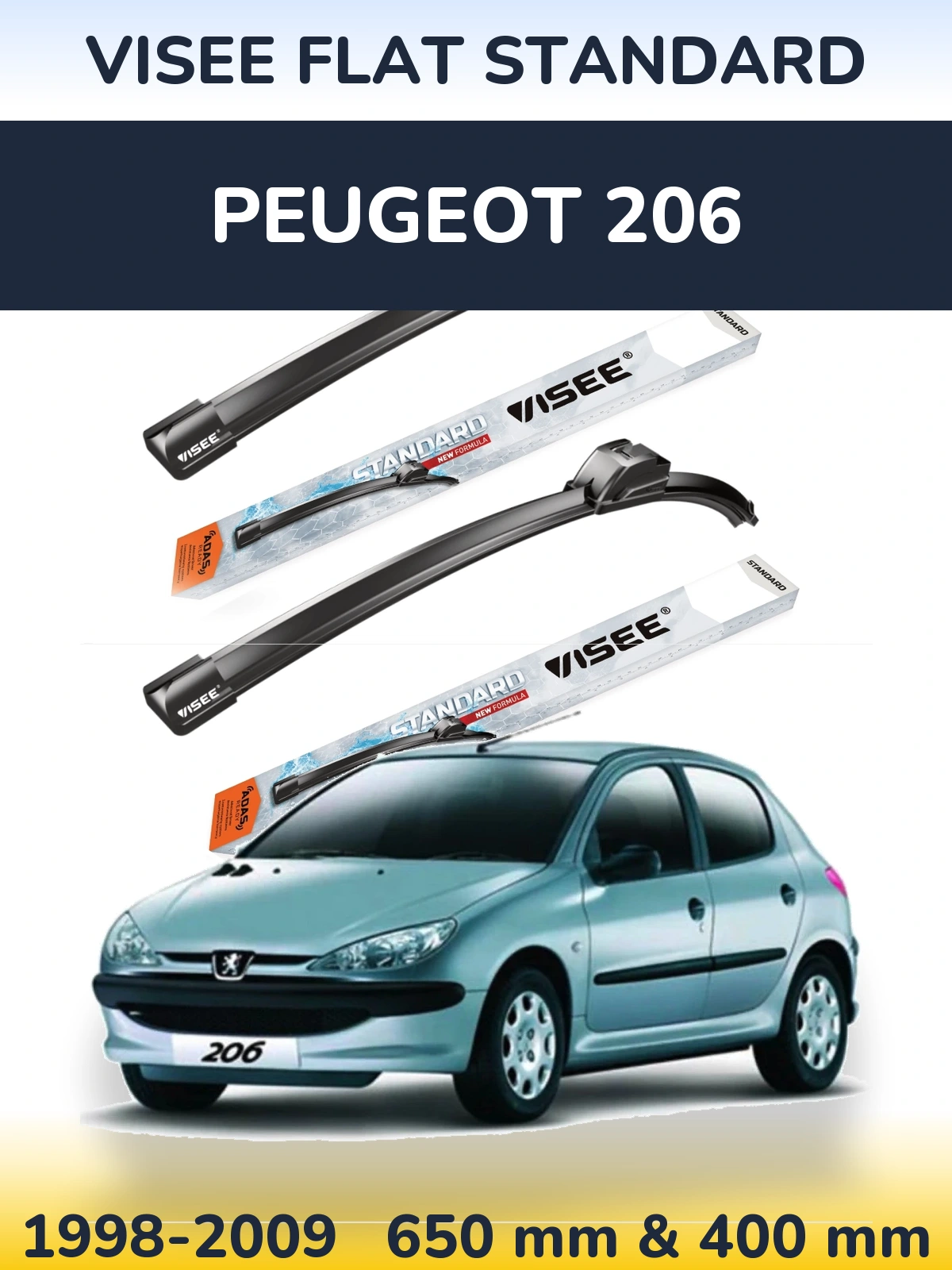 Front wiper blade set VISEE FLAT STANDARD 650 & 400 mm for Peugeot 206 1998-2009