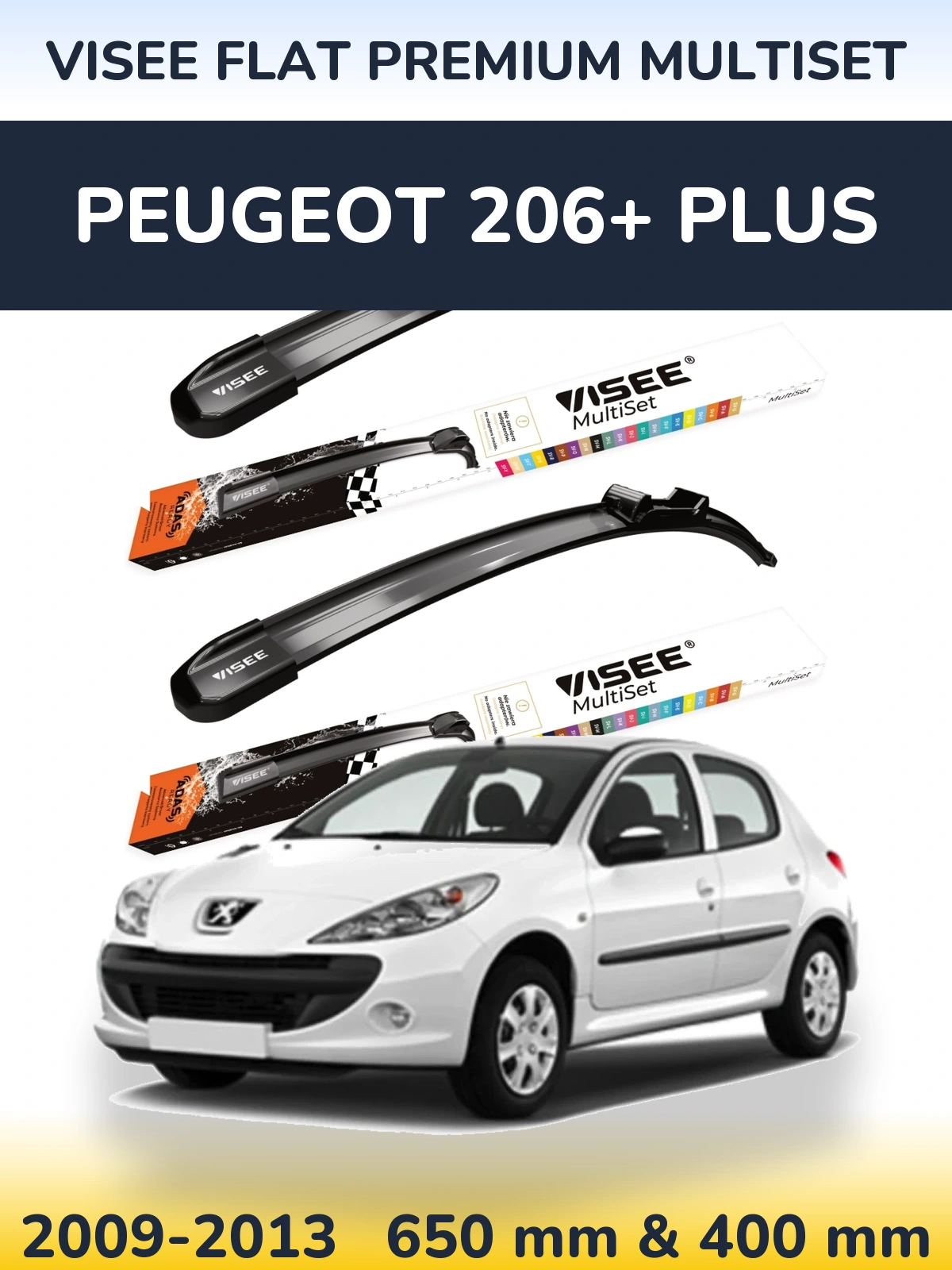 Front wiper blade set VISEE FLAT PREMIUM MultiSet 650 & 400 mm for Peugeot 206+ Plus 2009-2013