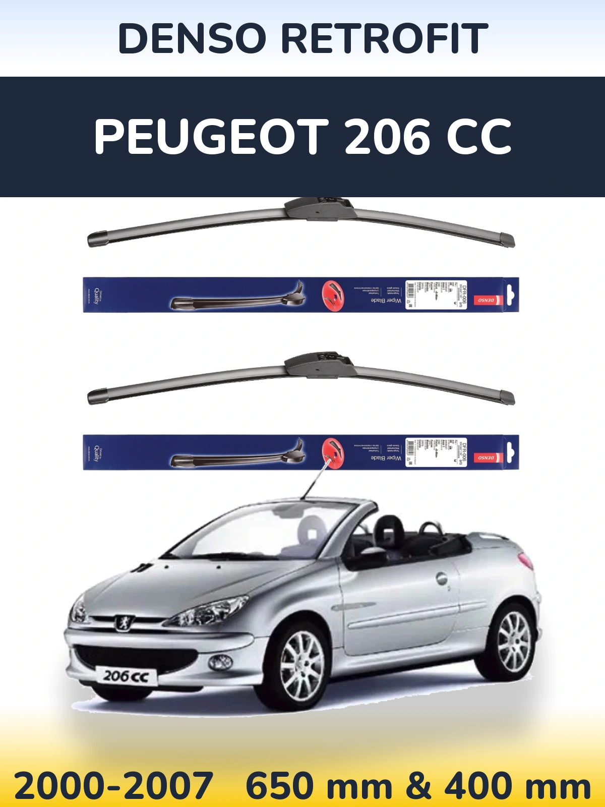 Front wiper blade set Denso Retrofit 650 & 400 mm for Peugeot 206 CC 2000-2007