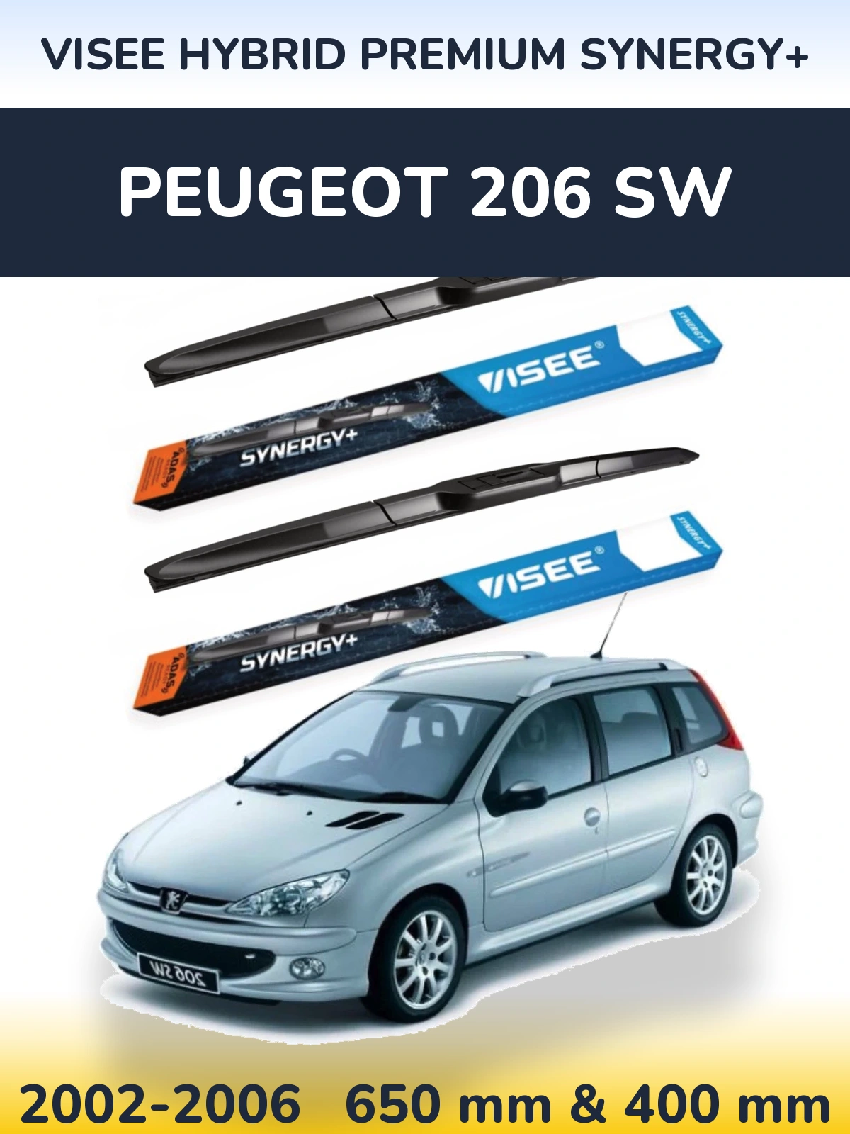 Front wiper blade set VISEE HYBRID PREMIUM SYNERGY+ 650 & 400 mm for Peugeot 206 SW 2002-2006