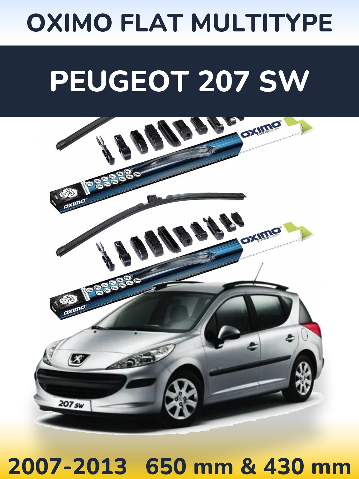 Front wiper blade set Oximo Flat MultiTipse 650 & 430 mm for Peugeot 207 SW 2007-2013