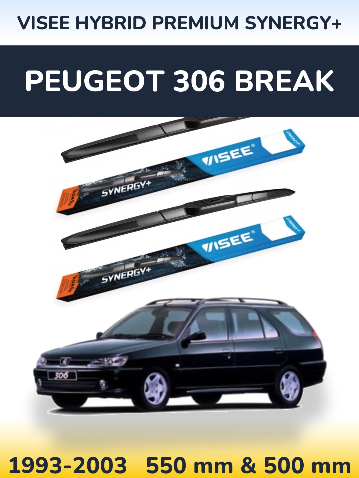 Front wiper blade set VISEE HYBRID PREMIUM SYNERGY+ 550 & 500 mm for Peugeot 306 Break 1993-2003