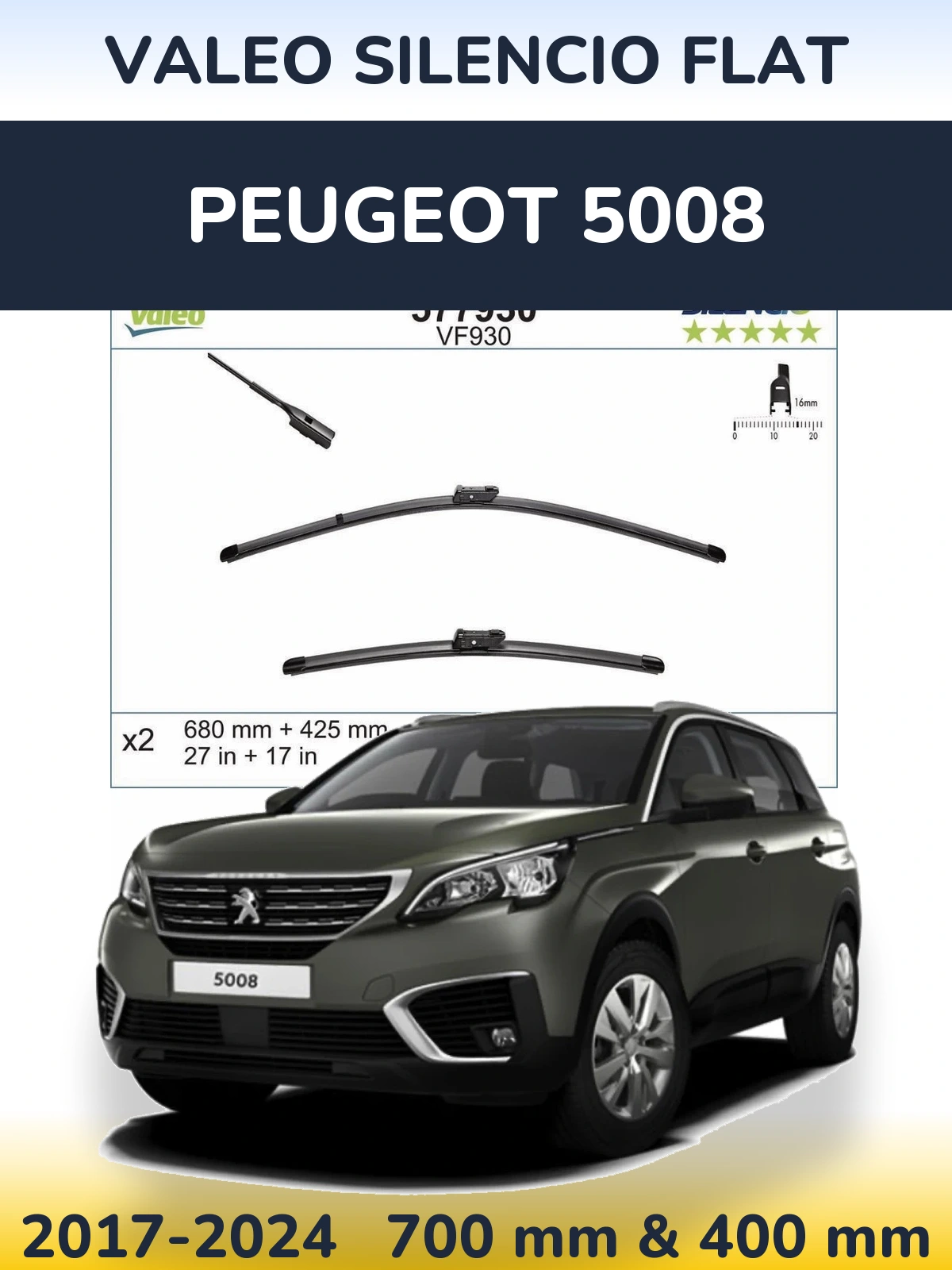Комплект передних дворников Valeo Silencio Flat 680 & 400 мм для Peugeot 5008 2017-2024