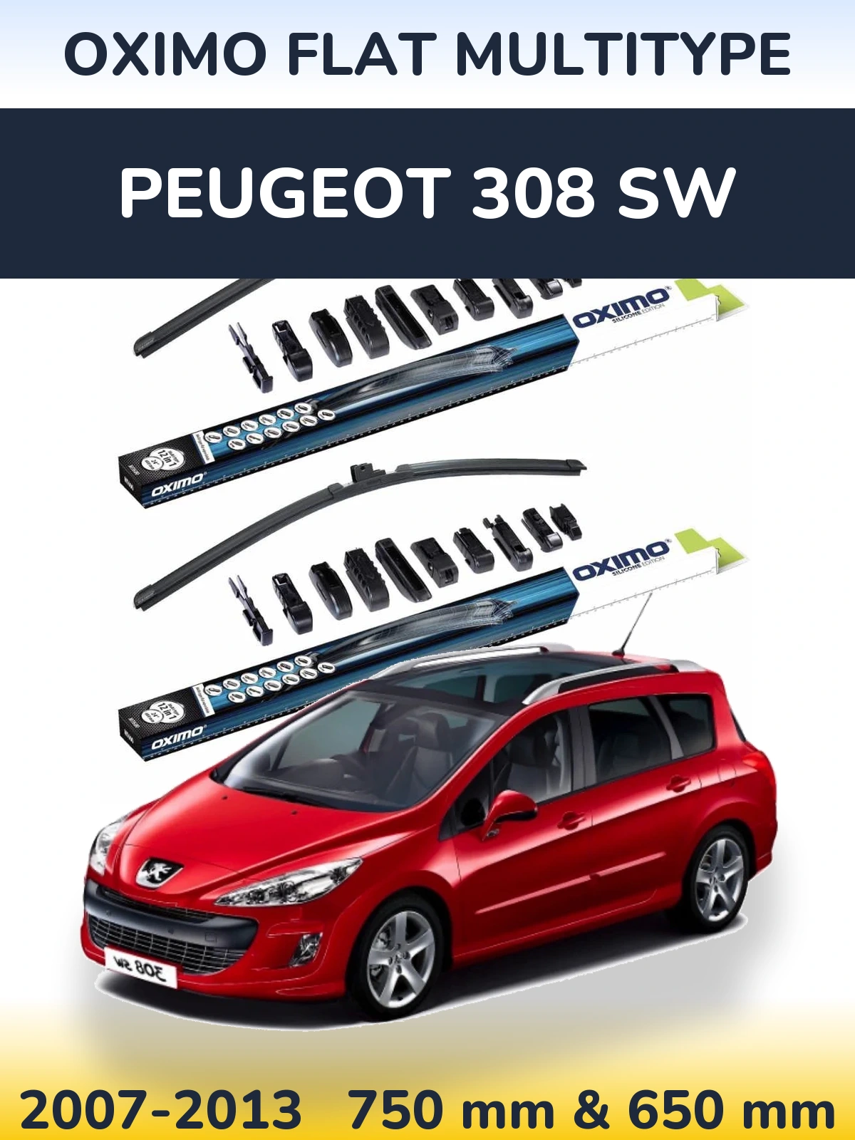 Front wiper blade set Oximo Flat MultiTipse 750 & 650 mm for Peugeot 308 SW 2007-2013