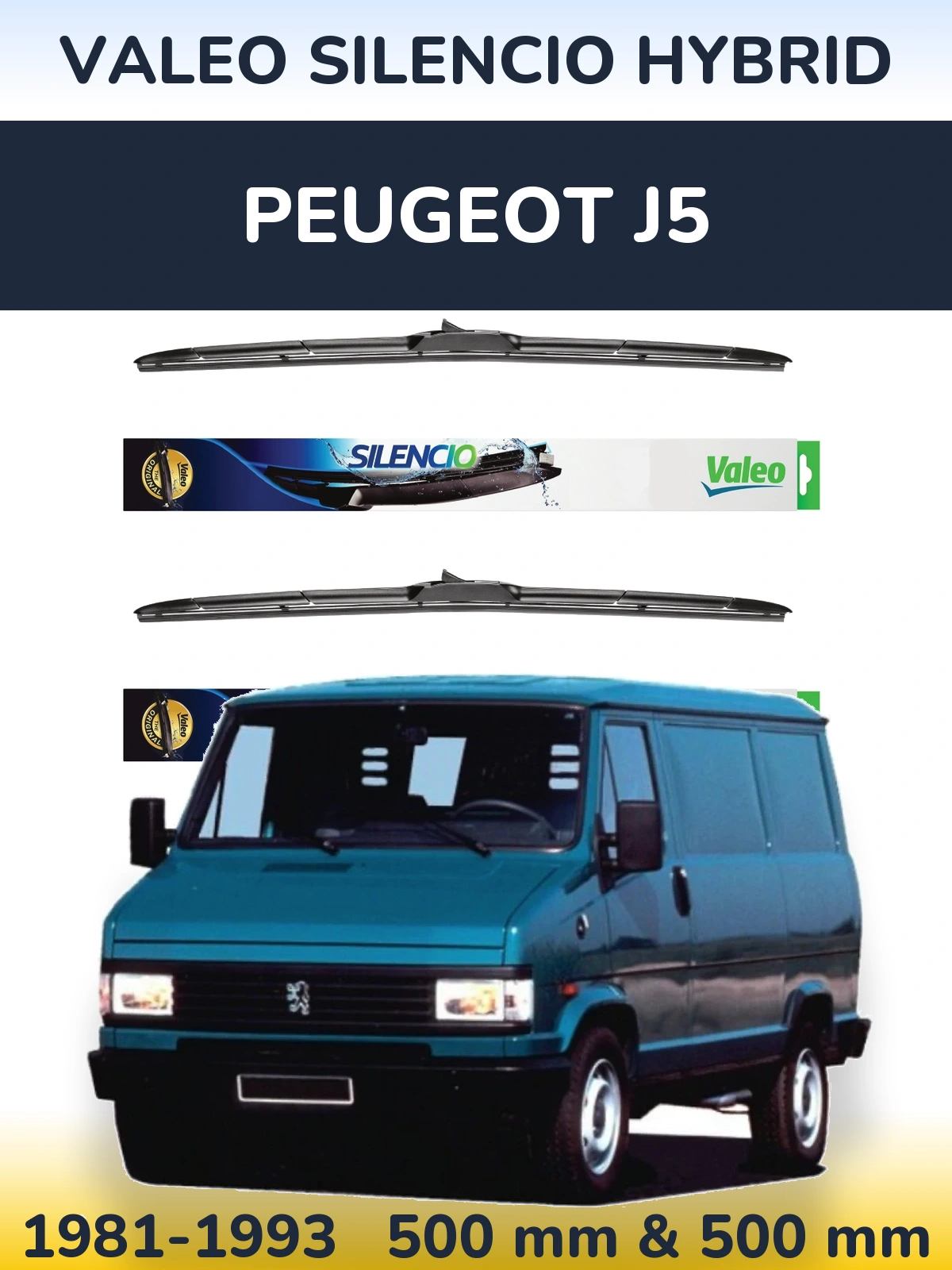 Front wiper blade set Valeo Silencio Hybrid 500 & 500 mm for Peugeot J5 1981-1993