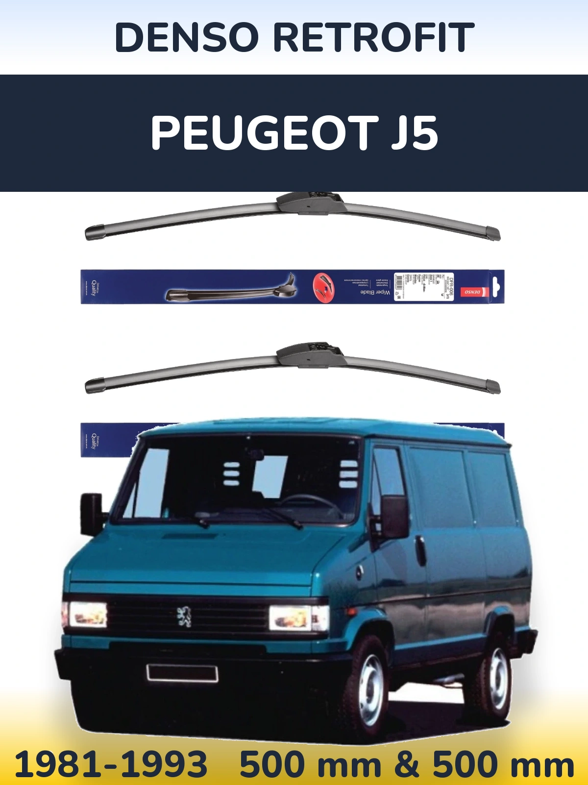 Front wiper blade set Denso Retrofit 500 & 500 mm for Peugeot J5 1981-1993