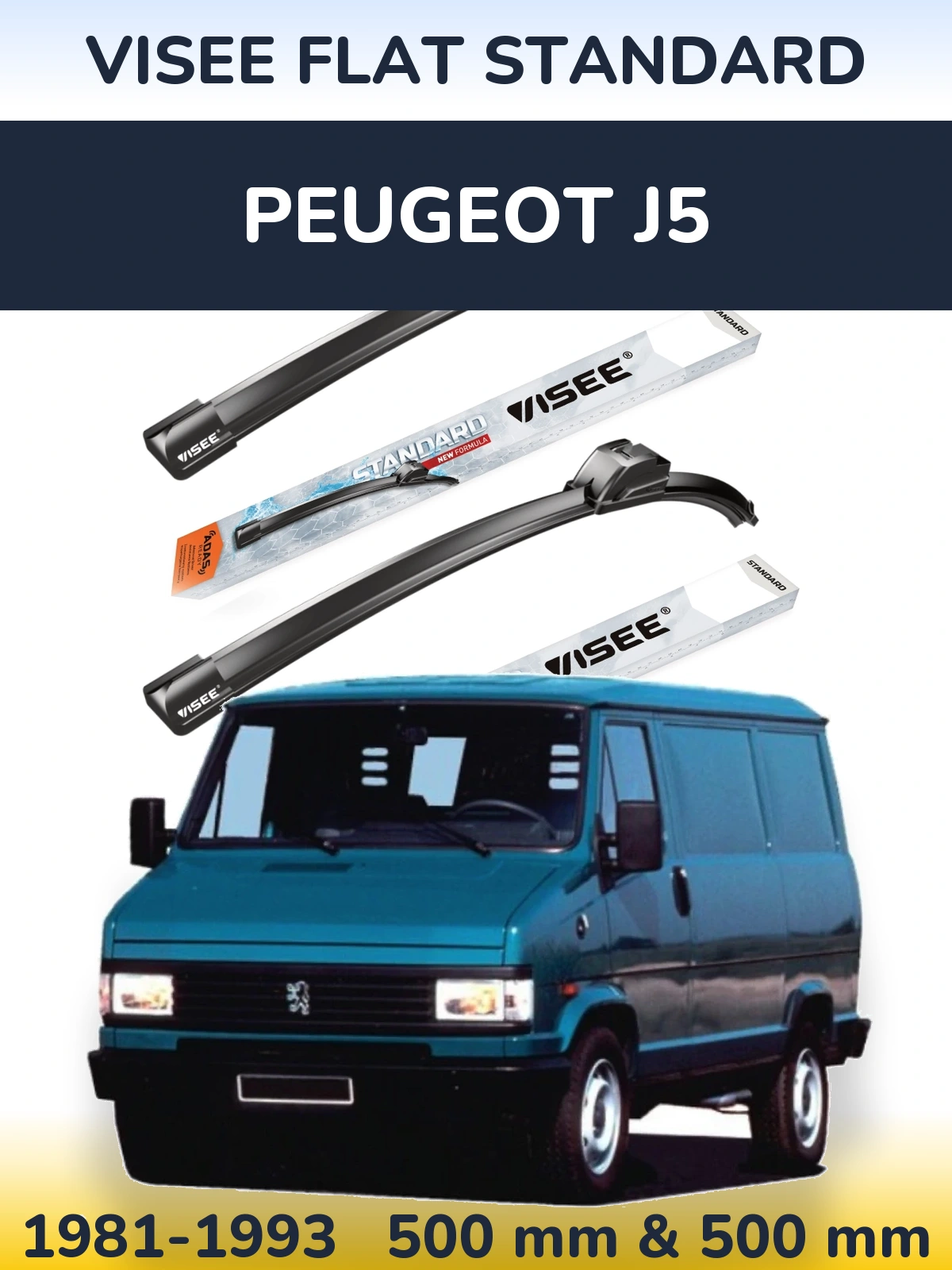 Front wiper blade set VISEE FLAT STANDARD 500 & 500 mm for Peugeot J5 1981-1993