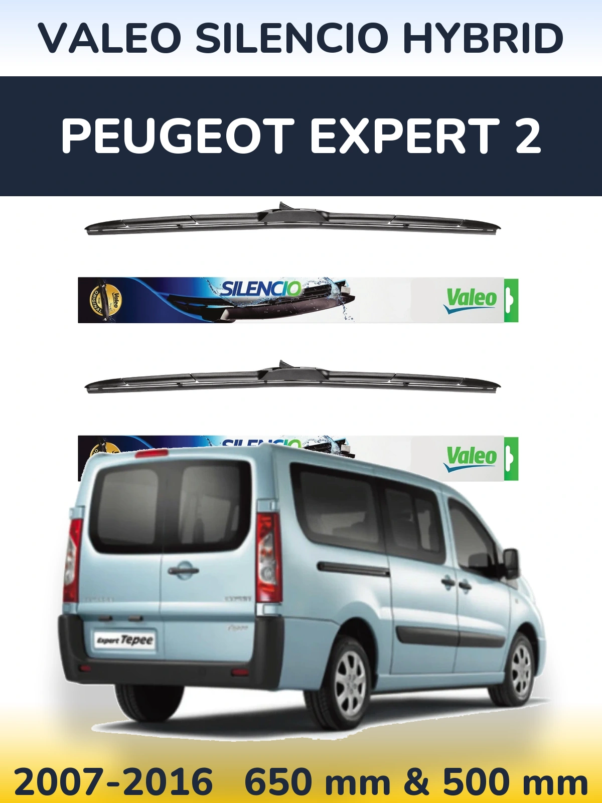 Front wiper blade set Valeo Silencio Hybrid 650 & 500 mm for Peugeot Expert 2 2007-2016
