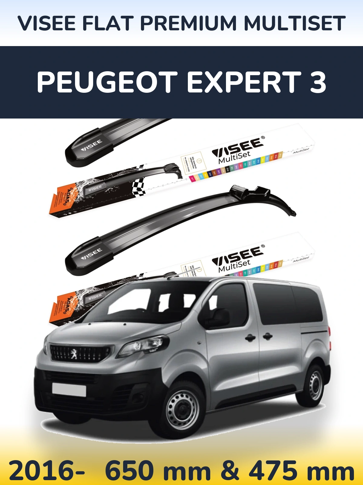 Front wiper blade set VISEE FLAT PREMIUM MultiSet 650 & 475 mm for Peugeot Expert 3 2016-2026