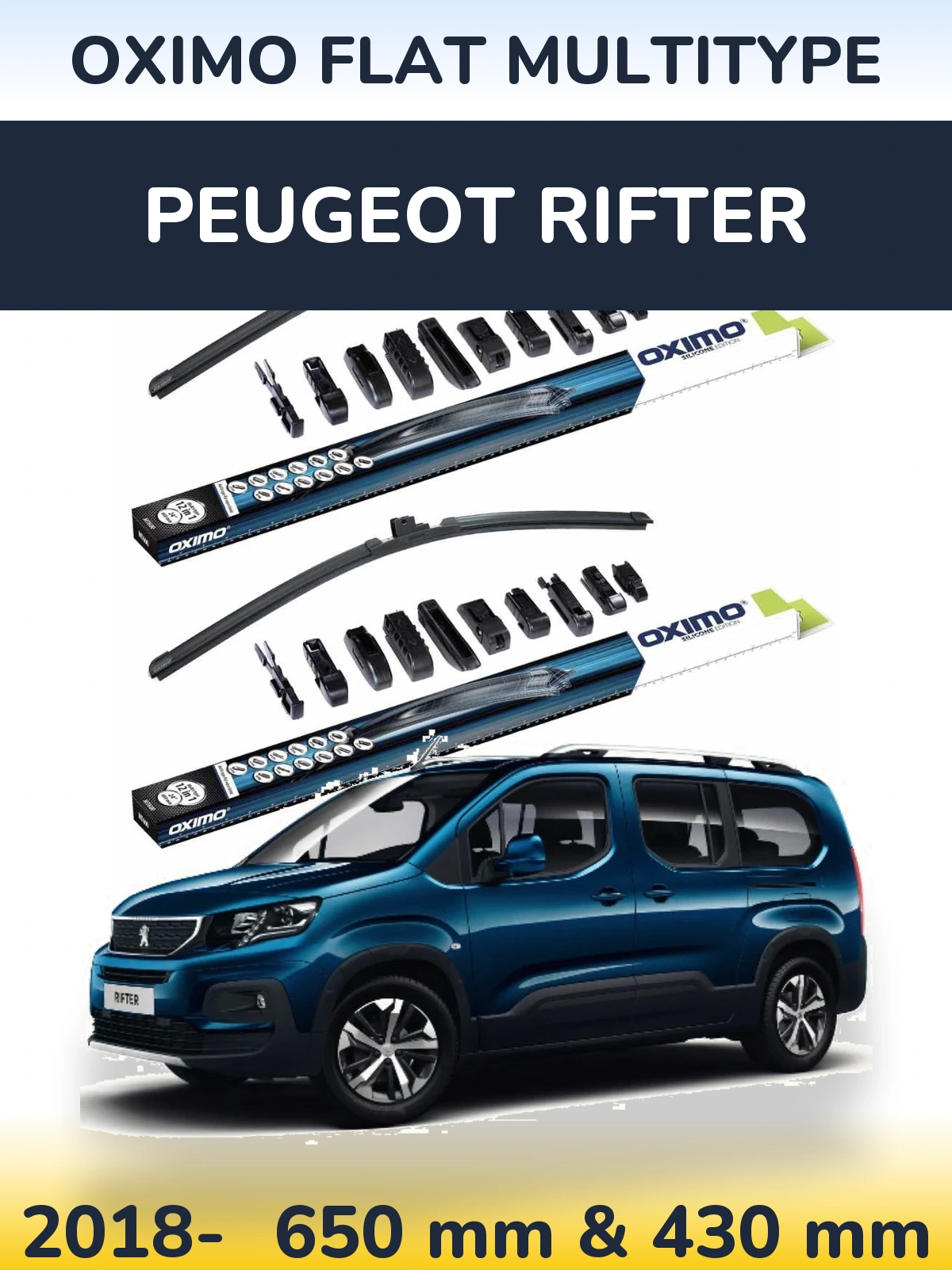 Front wiper blade set Oximo Flat MultiTipse 650 & 430 mm for Peugeot Rifter 2018-2026