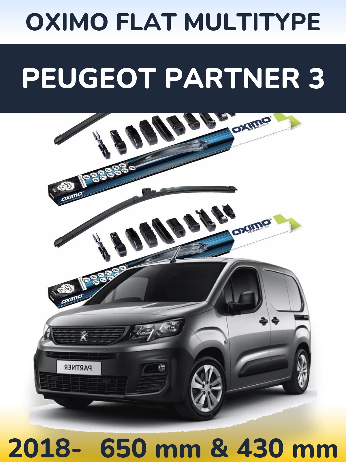 Front wiper blade set Oximo Flat MultiTypee 650 & 430 mm for Peugeot Partner 3 2018-2026