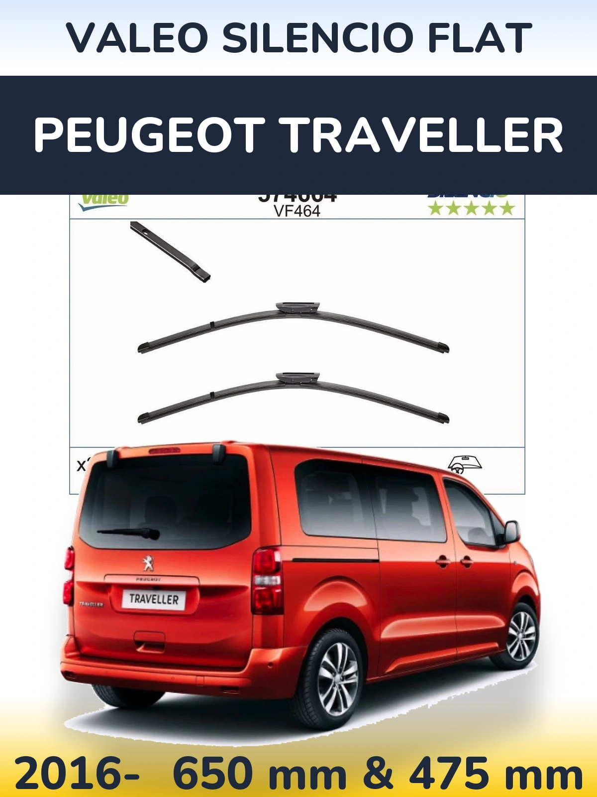 Front wiper blade set Valeo Silencio Flat 650 & 450 mm for Peugeot Traveller 2016-2026