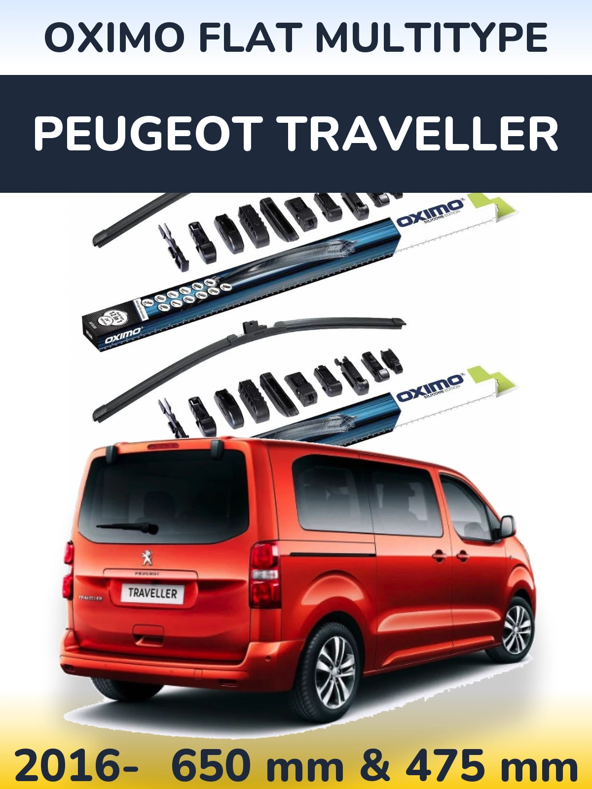 Комплект передних дворников Oximo Flat MultiТипe 650 & 475 мм для Peugeot Traveller 2016-2026