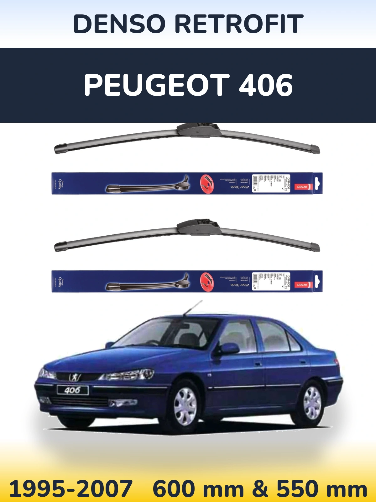 Front wiper blade set Denso Retrofit 600 & 550 mm for Peugeot 406 1995-2007