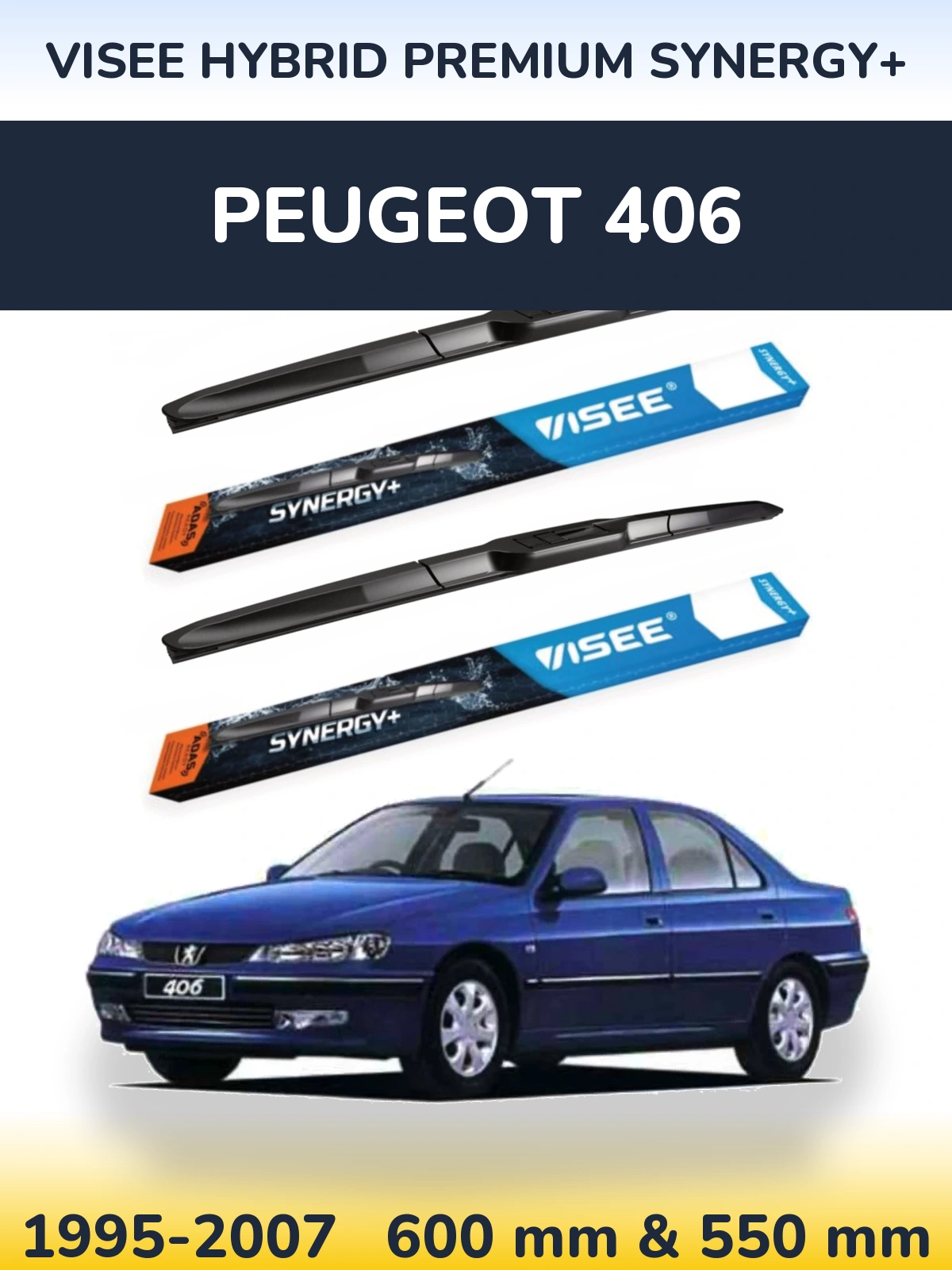 Front wiper blade set VISEE HYBRID PREMIUM SYNERGY+ 600 & 550 mm for Peugeot 406 1995-2007