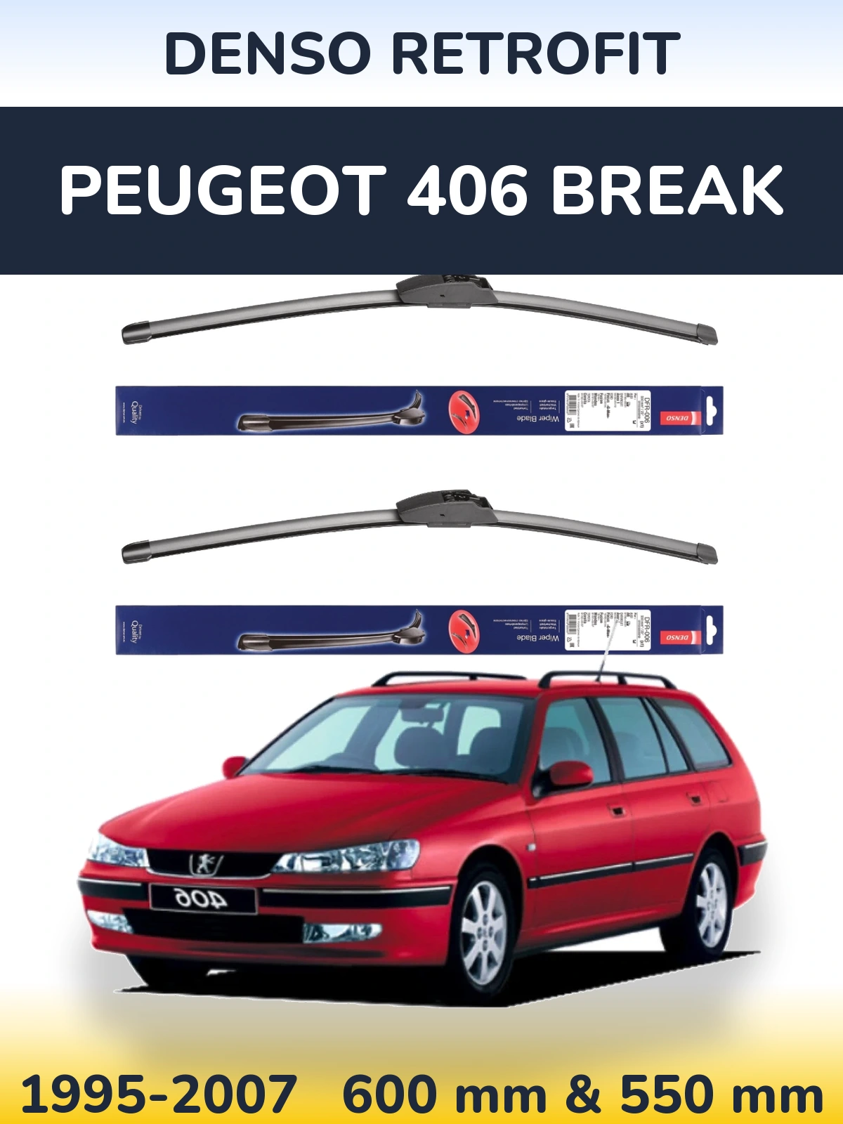Комплект передніх щіток Denso Retrofit 600 & 550 мм для Peugeot 406 Break 1995-2007