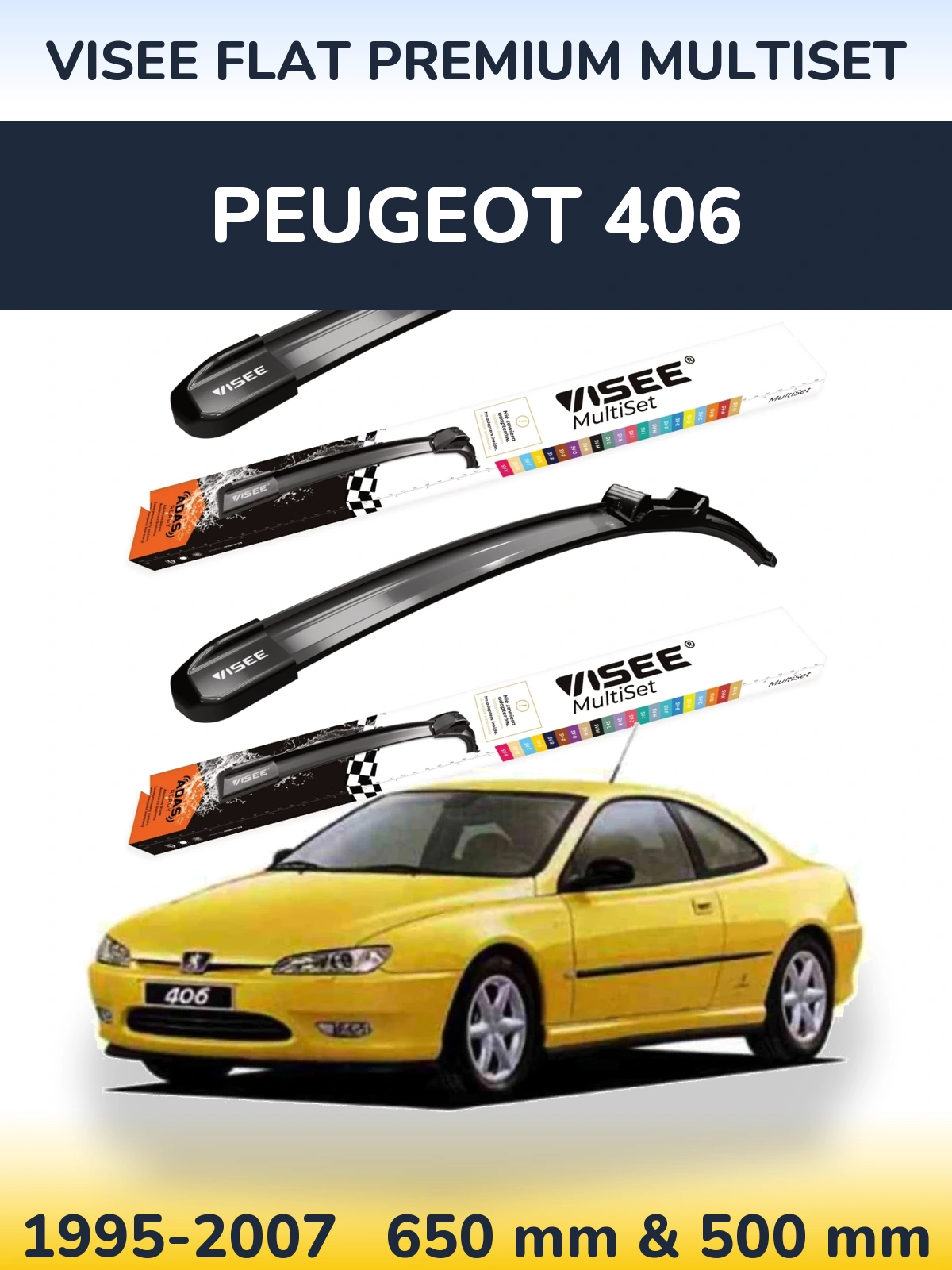 Front wiper blade set VISEE FLAT PREMIUM MultiSet 650 & 500 mm for Peugeot 406 1995-2007