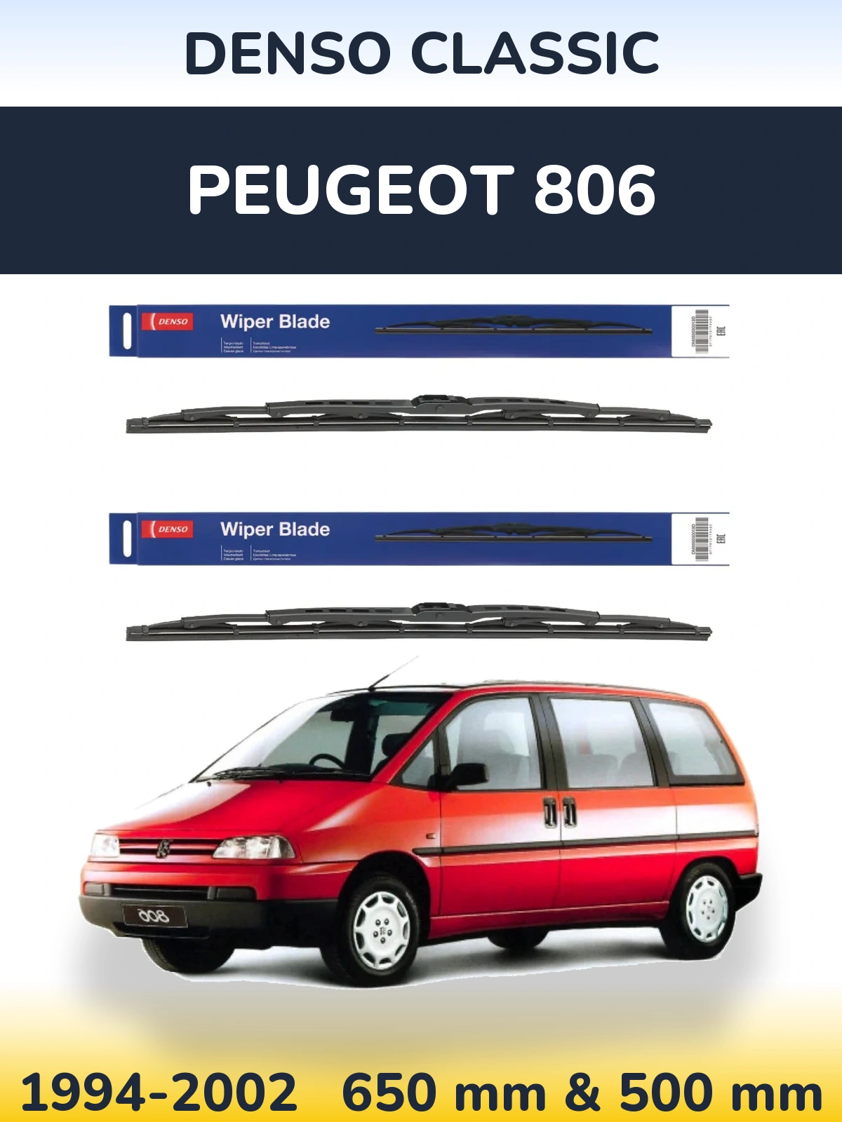 Front wiper blade set Denso Classic 650 & 500 mm for Peugeot 806 1994-2002
