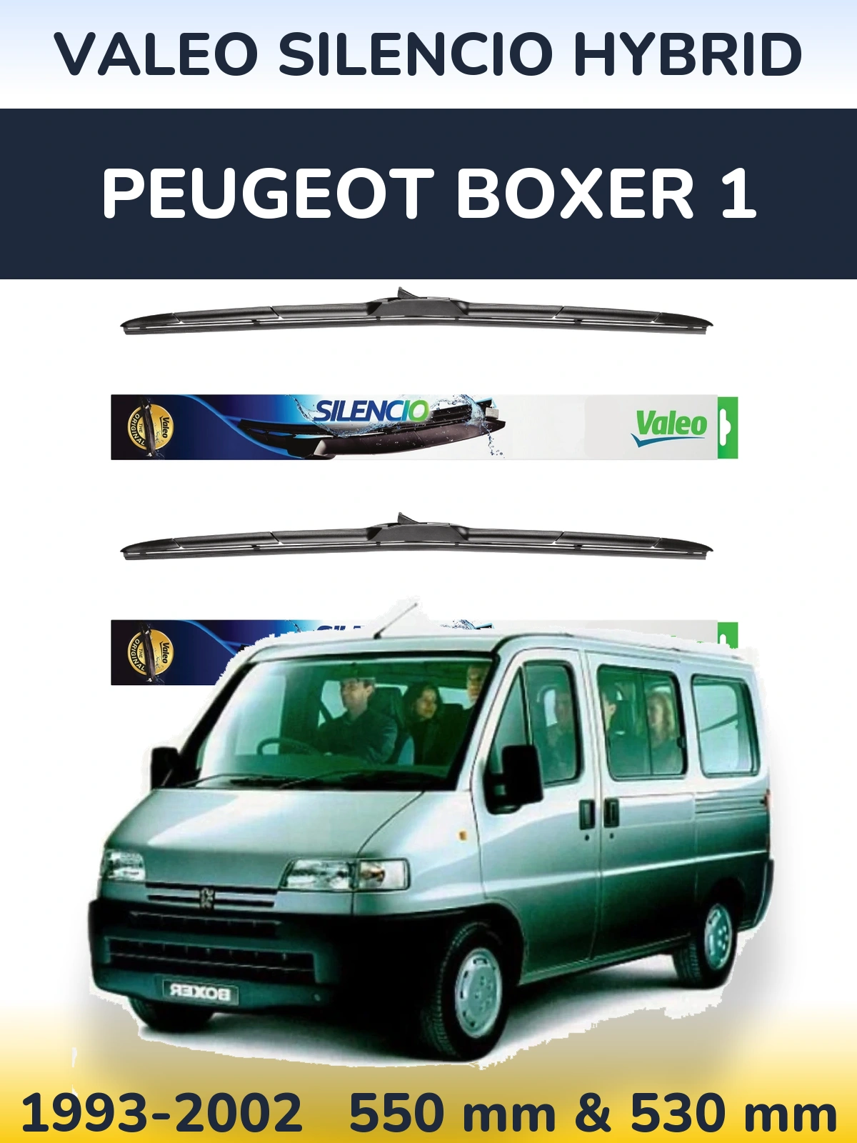 Front wiper blade set Valeo Silencio Hybrid 550 & 530 mm for Peugeot Boxer 1 1993-2002