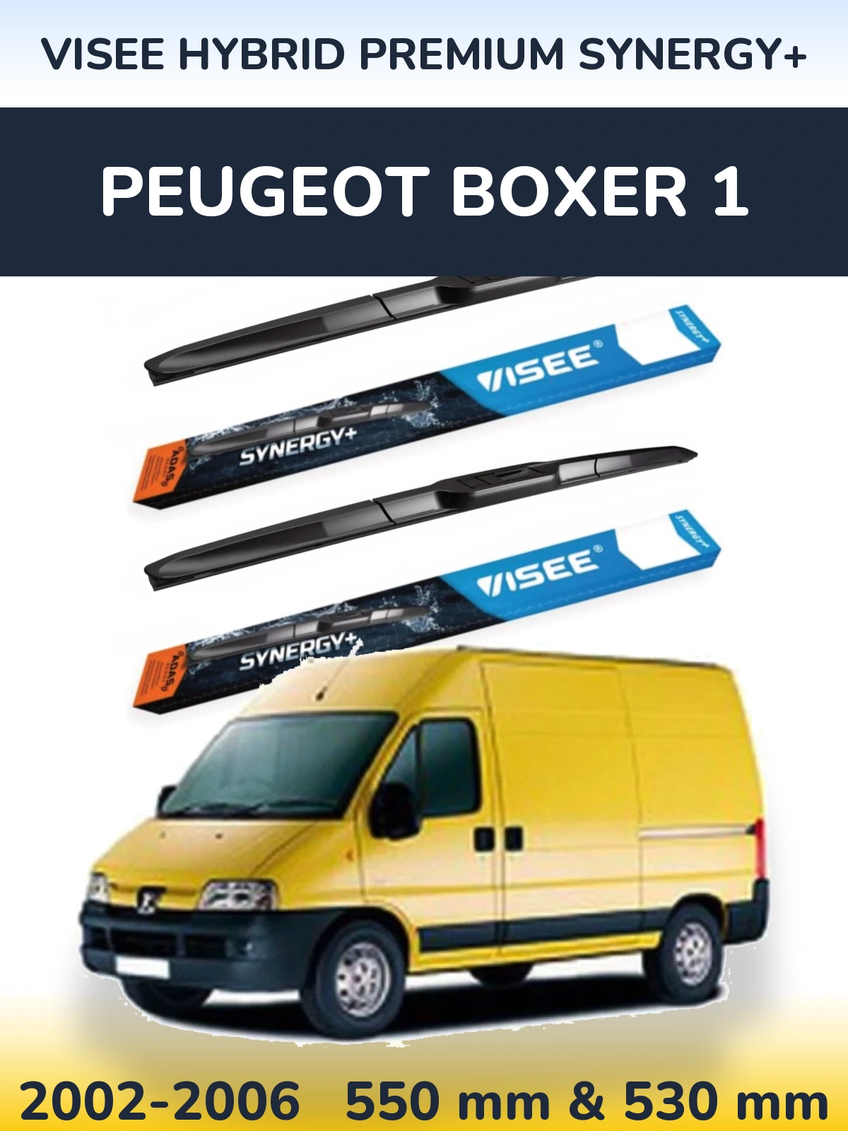 Front wiper blade set VISEE HYBRID PREMIUM SYNERGY+ 550 & 530 mm for Peugeot Boxer 1 2002-2006