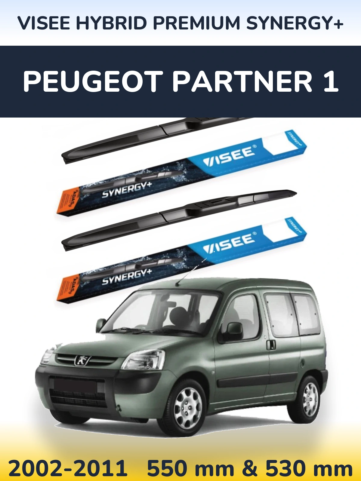 Front wiper blade set VISEE HYBRID PREMIUM SYNERGY+ 550 & 530 mm for Peugeot Partner 1 2002-2011