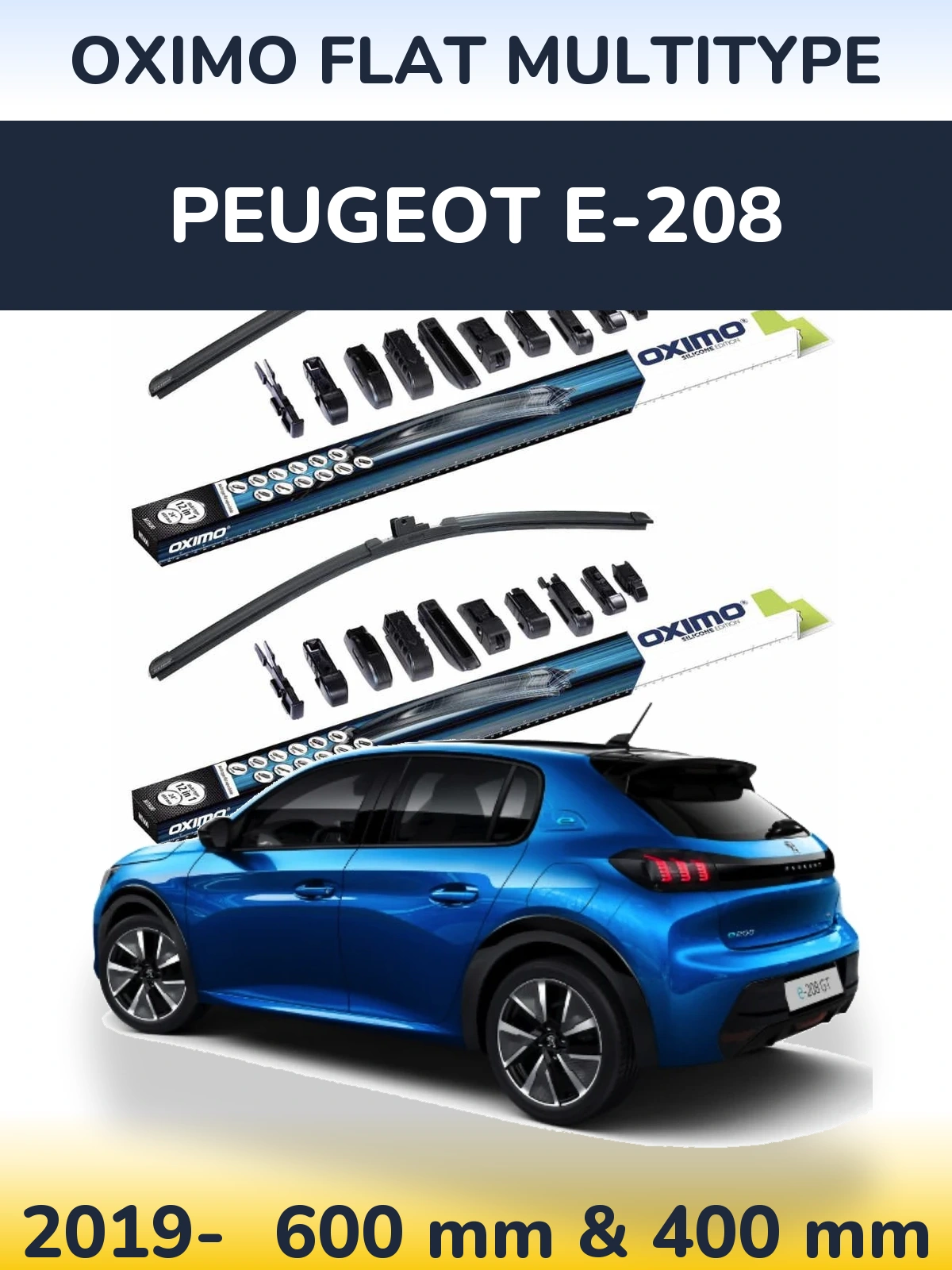 Front wiper blade set Oximo Flat MultiTipse 600 & 400 mm for Peugeot e-208 2019-2026