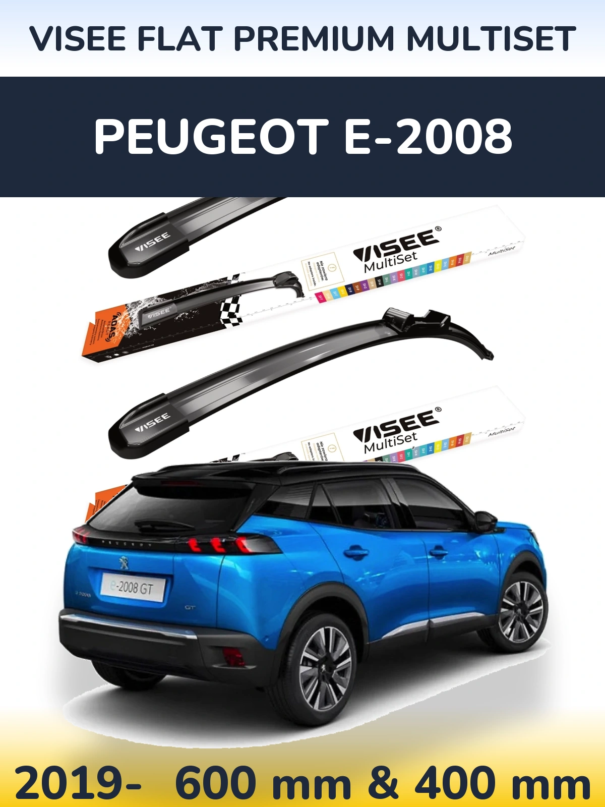 Front wiper blade set VISEE FLAT PREMIUM MultiSet 600 & 400 mm for Peugeot e-2008 2019-2026