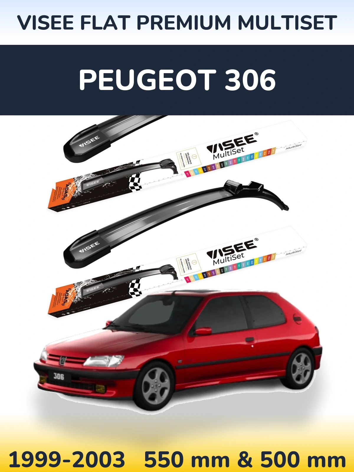 Front wiper blade set VISEE FLAT PREMIUM MultiSet 550 & 500 mm for Peugeot 306 1999-2003