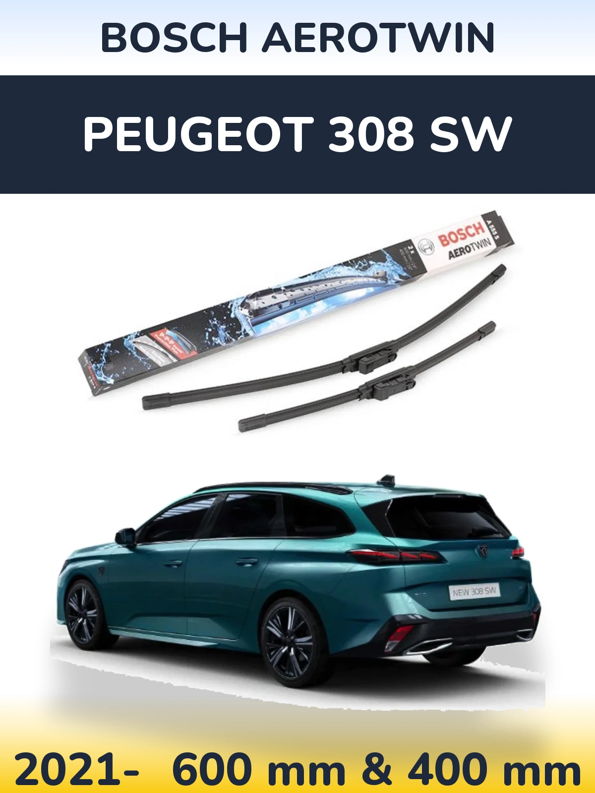 Комплект передних дворников BOSCH AeroTwin 600 & 400 мм для Peugeot 308 SW 2021-2026