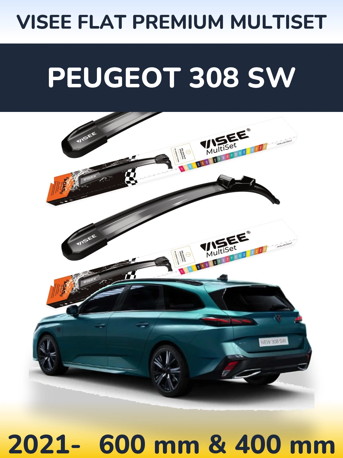 Комплект передніх щіток VISEE FLAT PREMIUM MultiSet 600 & 400 мм для Peugeot 308 SW 2021-2026