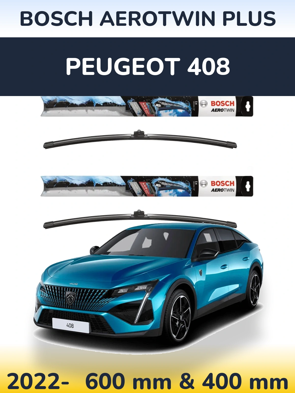 Комплект передніх щіток BOSCH AeroTwin Plus 600 & 400 мм для Peugeot 408 2022-2026