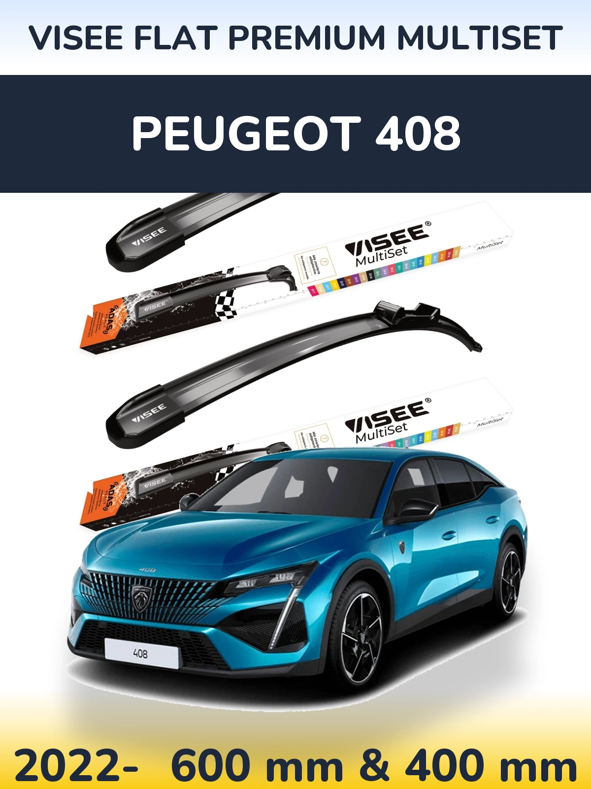 Комплект передніх щіток VISEE FLAT PREMIUM MultiSet 600 & 400 мм для Peugeot 408 2022-2026