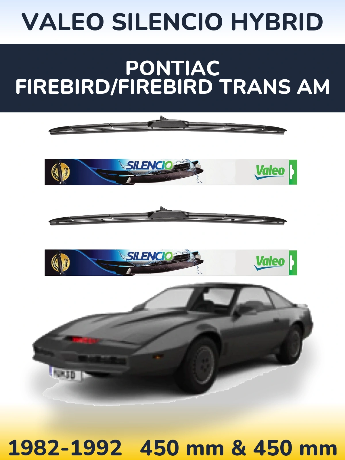 Front wiper blade set Valeo Silencio Hybrid 450 & 450 mm for Pontiac Firebird/Firebird Trans Am 1982-1992