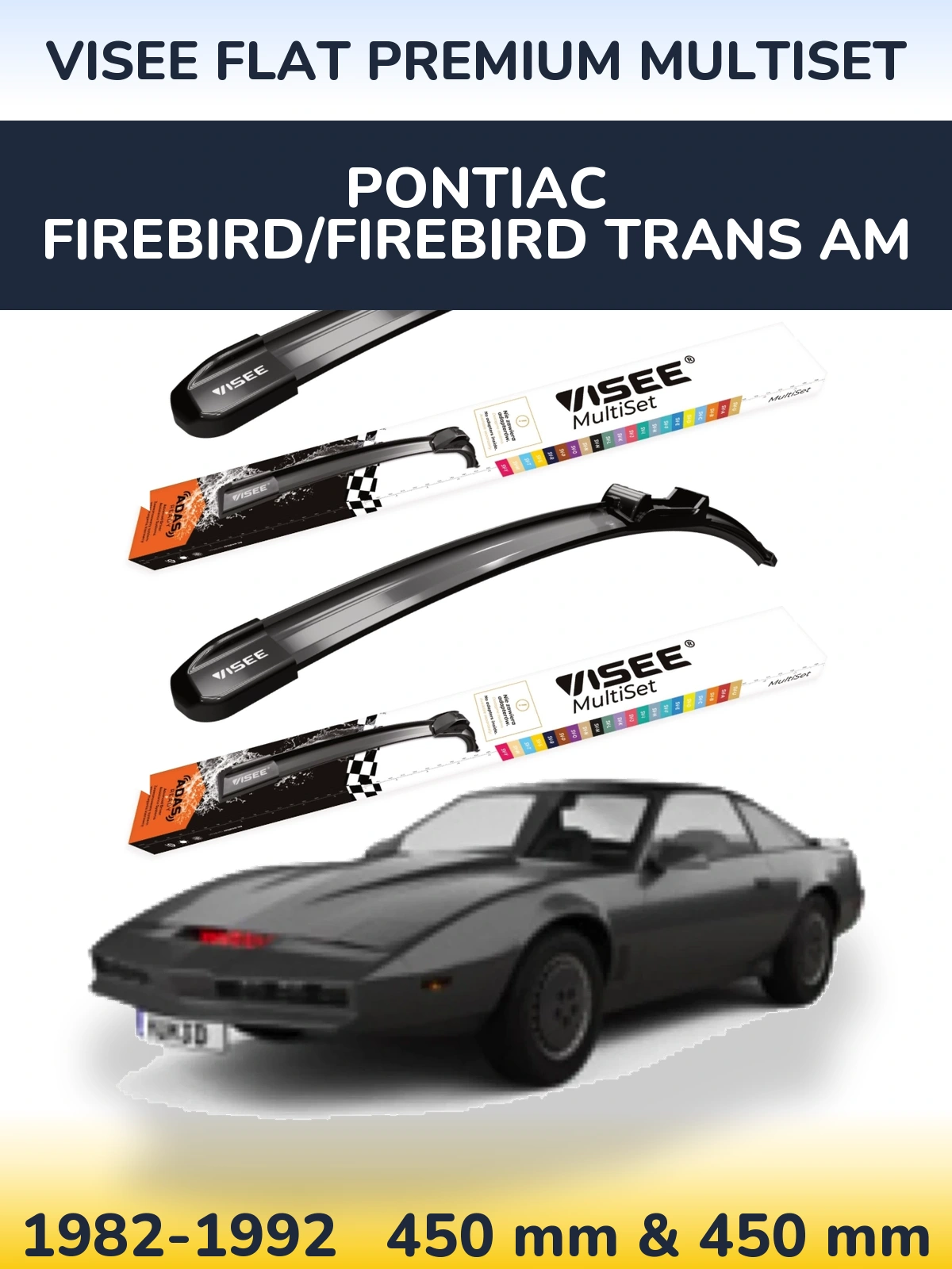 Front wiper blade set VISEE FLAT PREMIUM MultiSet 450 & 450 mm for Pontiac Firebird/Firebird Trans Am 1982-1992