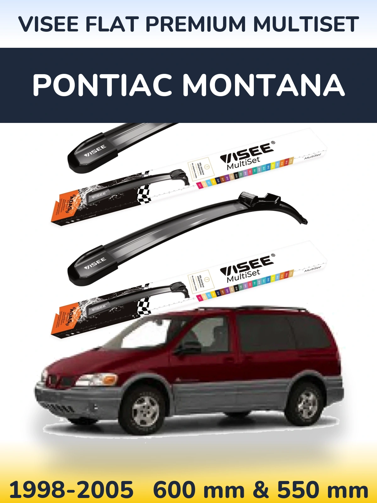 Front wiper blade set VISEE FLAT PREMIUM MultiSet 600 & 550 mm for Pontiac Montana 1998-2005