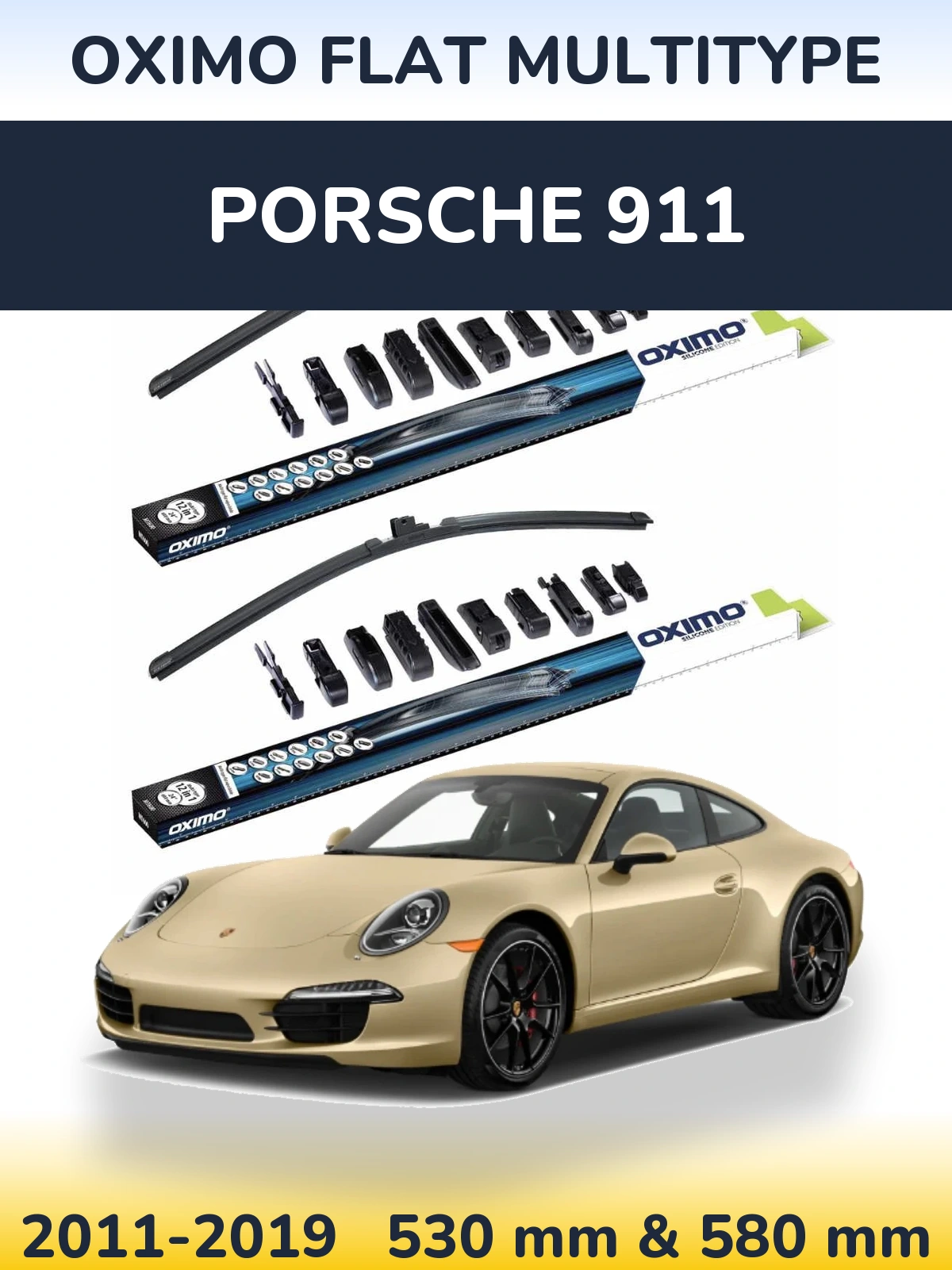 Front wiper blade set Oximo Flat MultiTipse 530 & 580 mm for Porsche 911 2011-2019