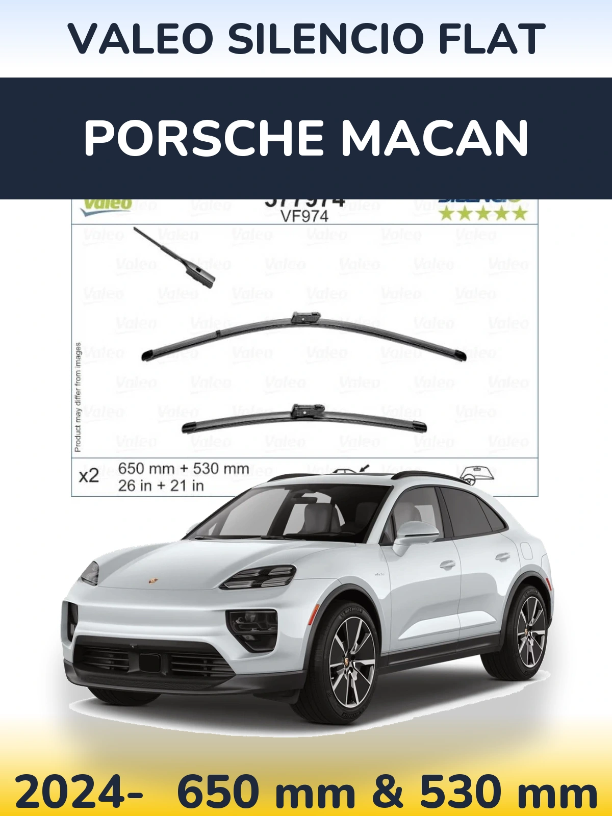 Front wiper blade set Valeo Silencio Flat 650 & 530 mm for Porsche Macan 2024-2026
