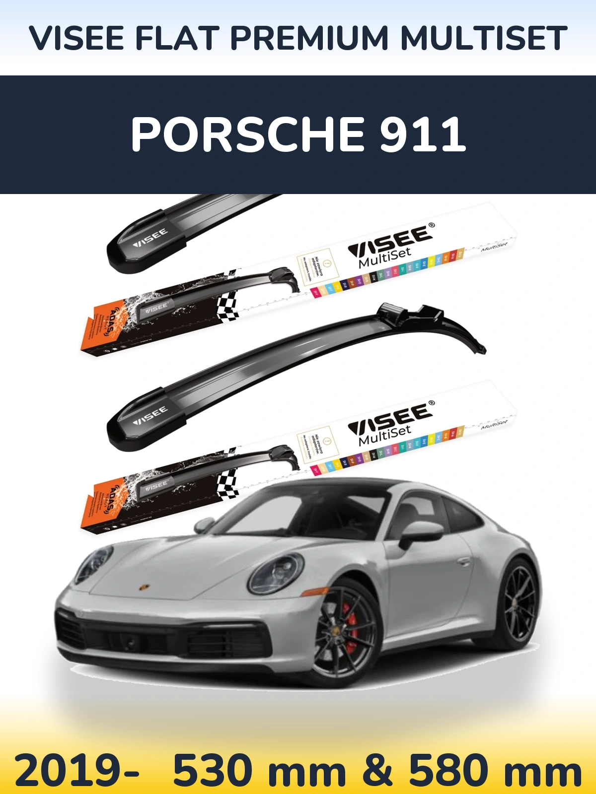 Комплект передніх щіток VISEE FLAT PREMIUM MultiSet 530 & 580 мм для Porsche 911 2019-2026
