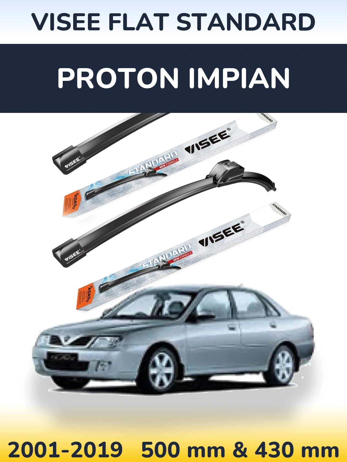 Комплект передних дворников VISEE FLAT STANDARD 500 & 430 мм для Proton Impian 2001-2019