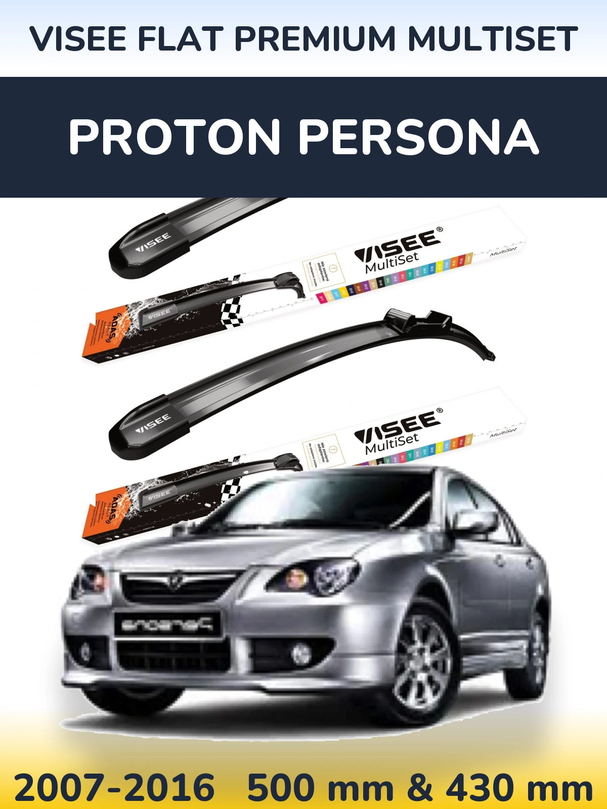 Front wiper blade set VISEE FLAT PREMIUM MultiSet 500 & 430 mm for Proton Persona 2007-2016
