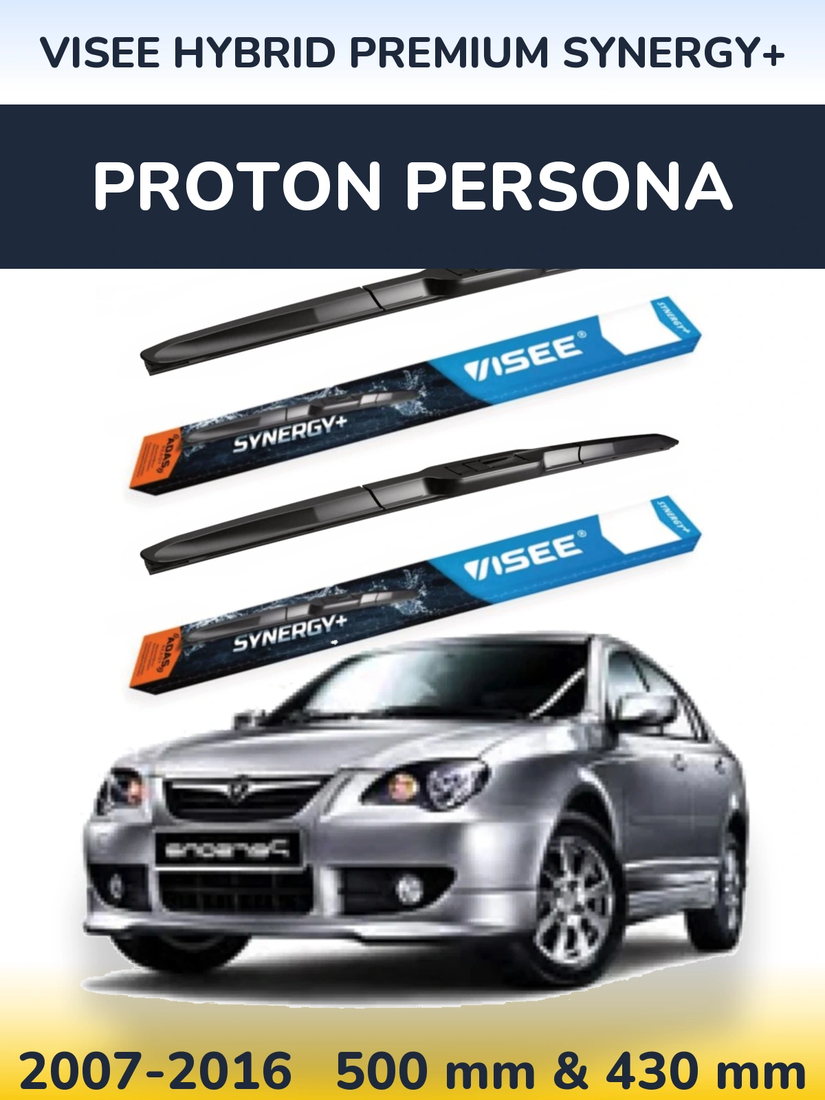 Front wiper blade set VISEE HYBRID PREMIUM SYNERGY+ 500 & 430 mm for Proton Persona 2007-2016