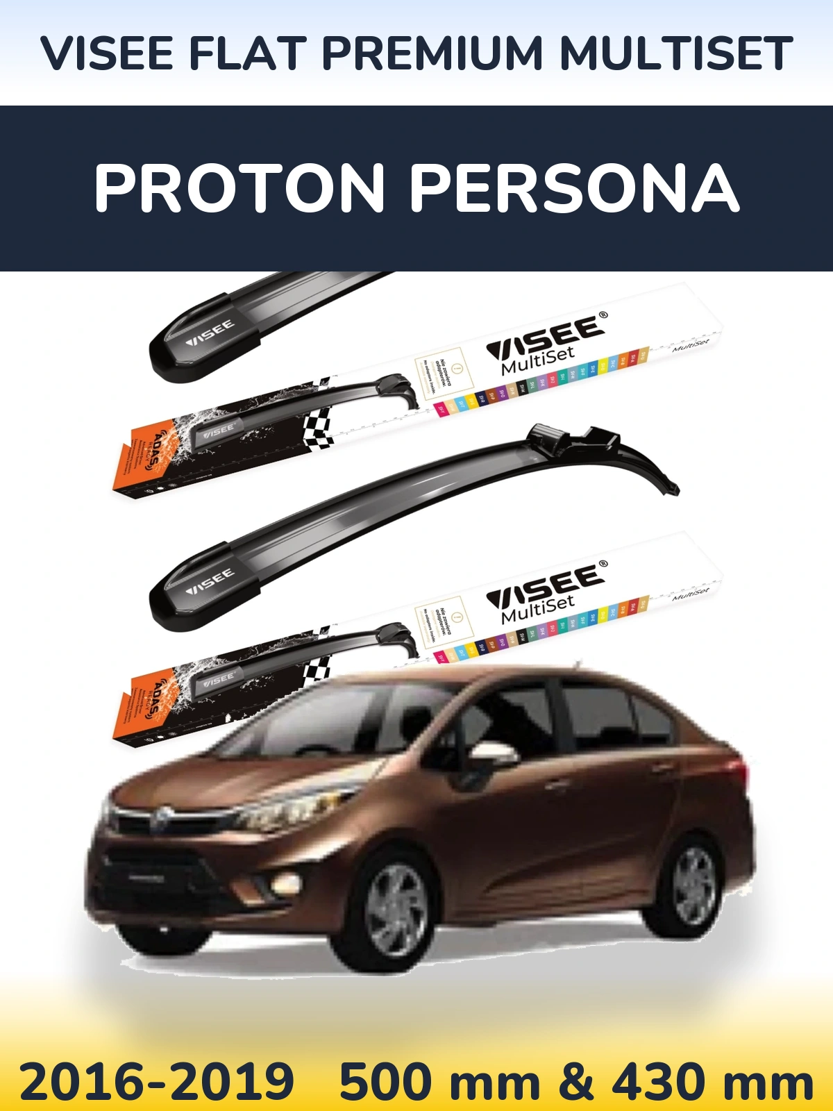 Front wiper blade set VISEE FLAT PREMIUM MultiSet 500 & 430 mm for Proton Persona 2016-2019