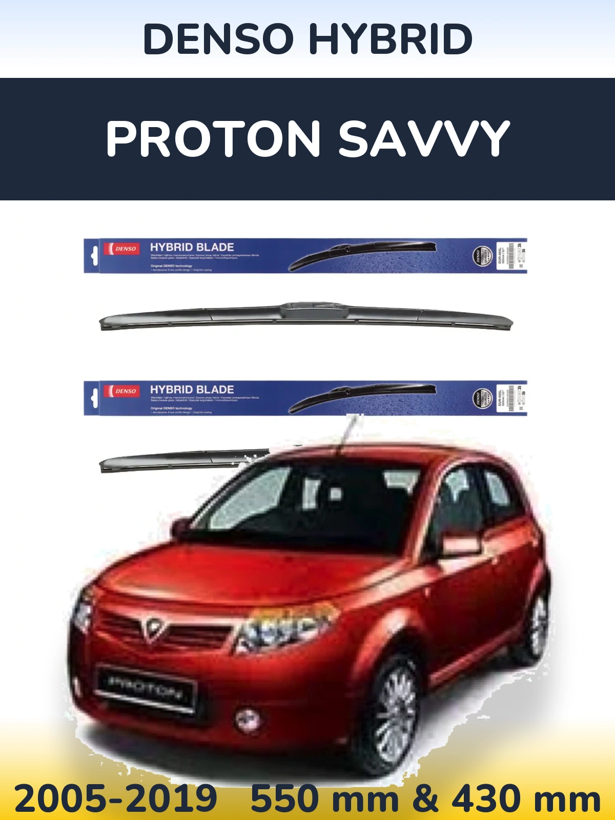 Front wiper blade set Denso Hybrid 550 & 430 mm for Proton Savvy 2005-2019