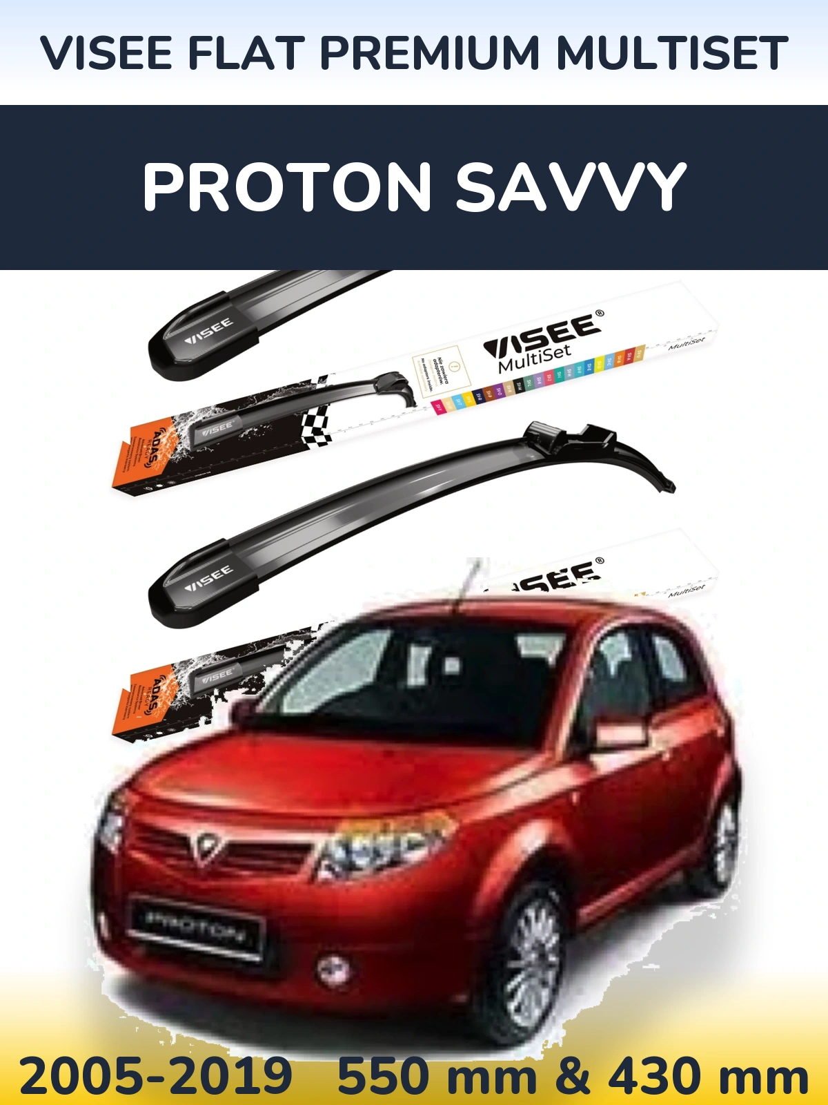 Front wiper blade set VISEE FLAT PREMIUM MultiSet 550 & 430 mm for Proton Savvy 2005-2019