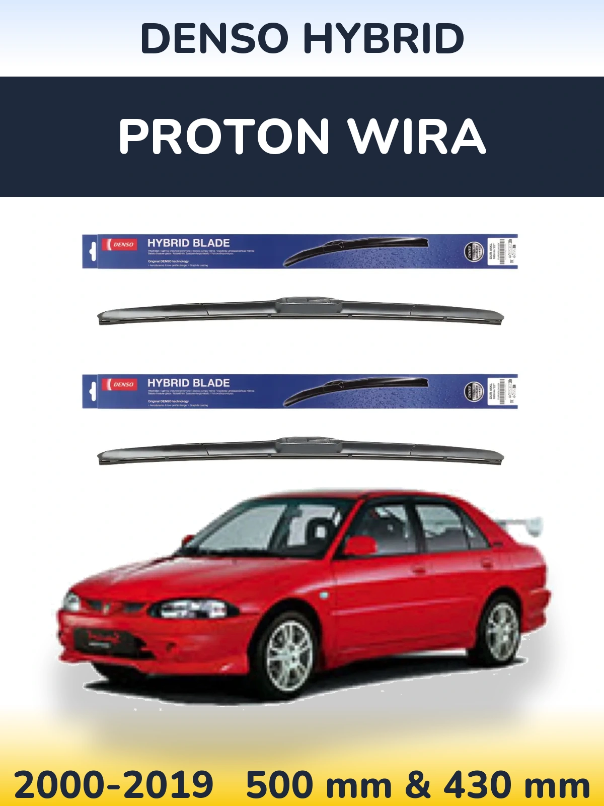Комплект передних дворников Denso Hybrid 500 & 430 мм для Proton Wira 2000-2019